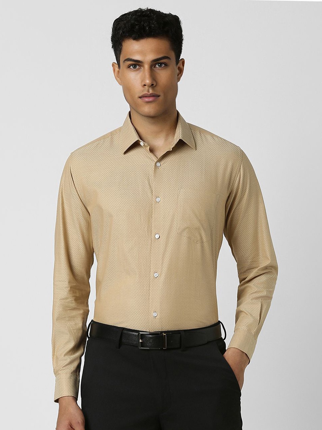 

Van Heusen Men Spread Collar Micro Disty Printed Cotton Slim Fit Formal Shirt, Beige