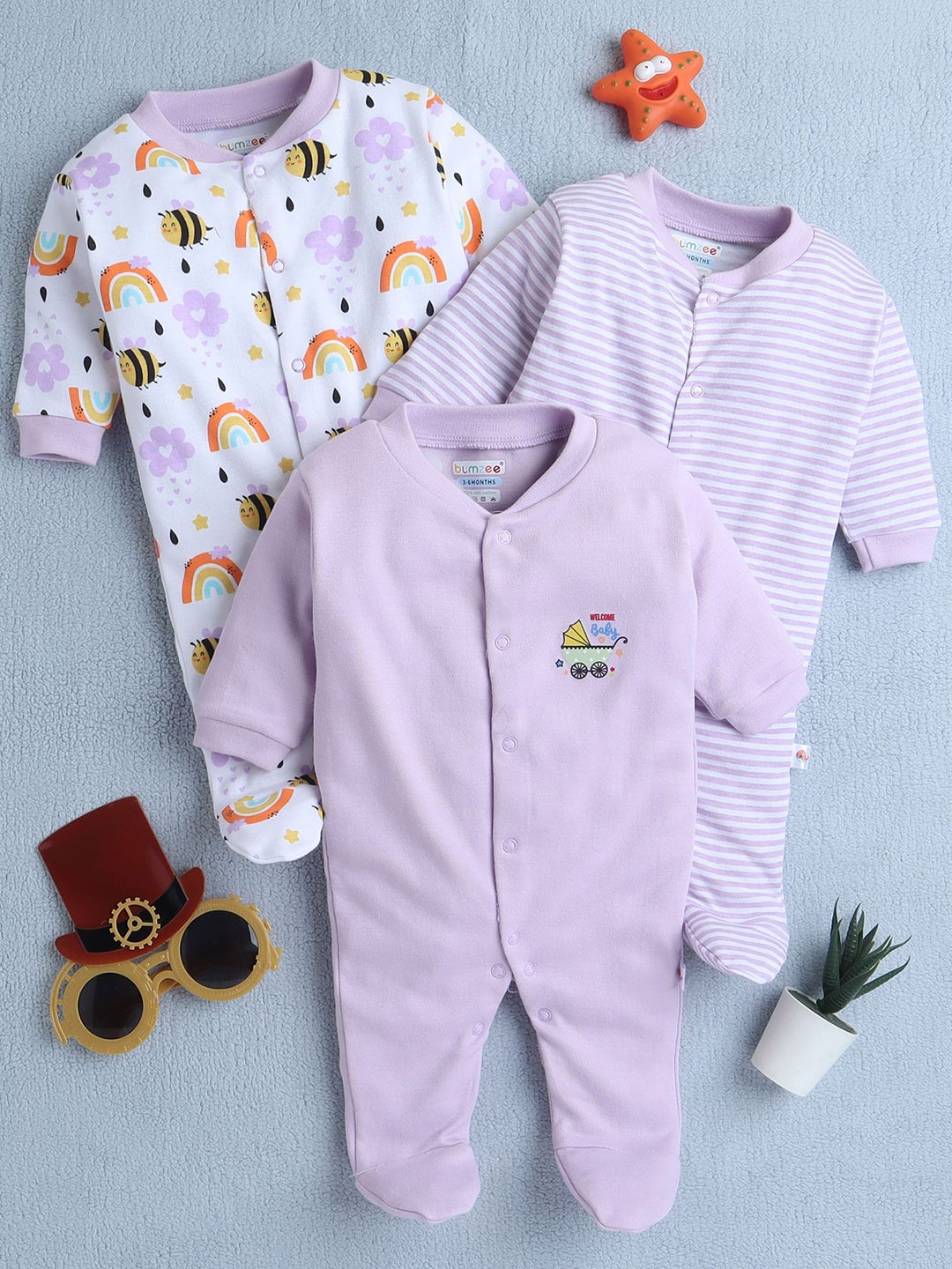

BUMZEE Girls Pack of 3 Printed Sleepsuit, Lavender