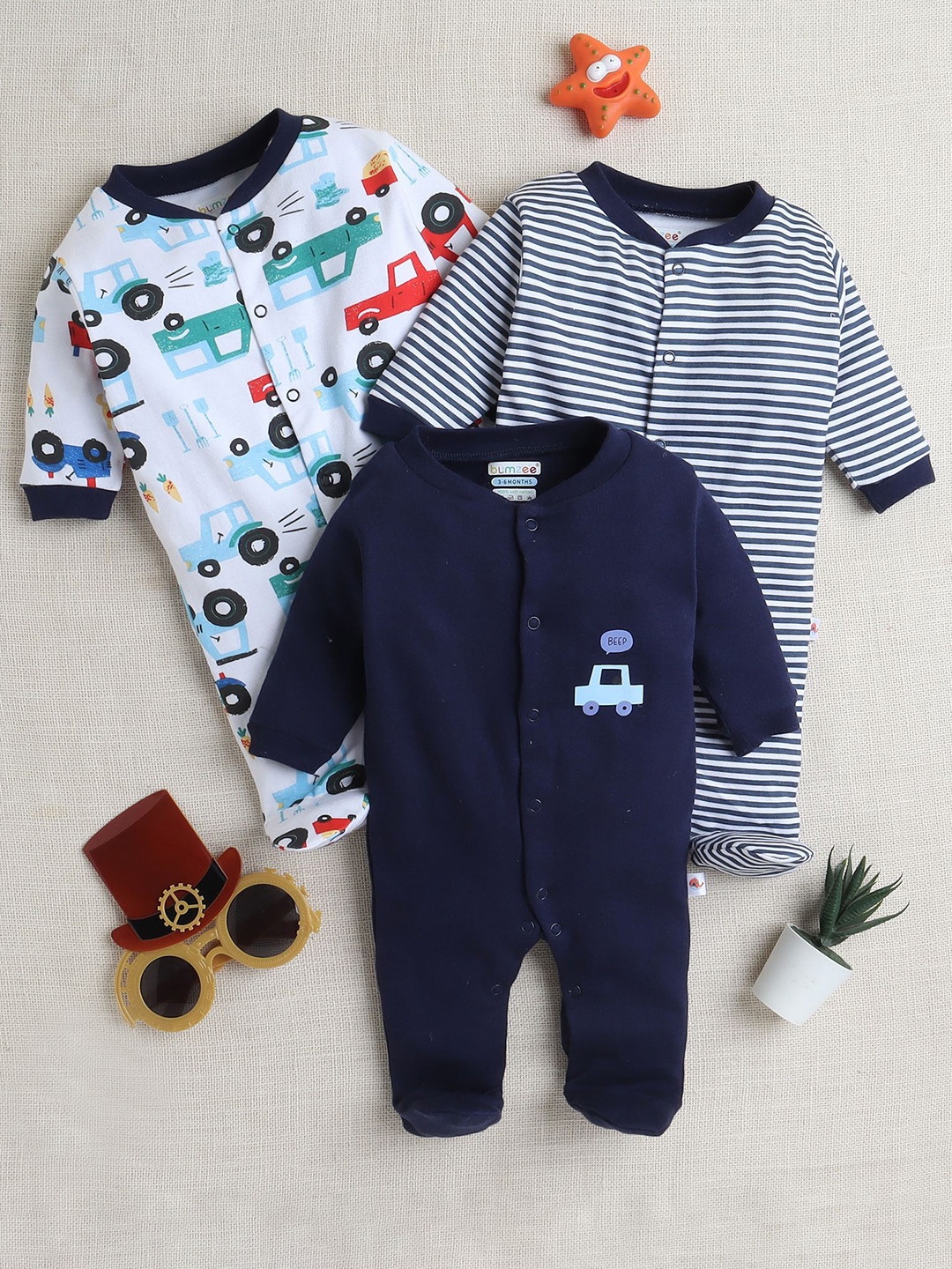 

BUMZEE Boys Pack of 3 Cotton Printed Sleepsuit, Navy blue