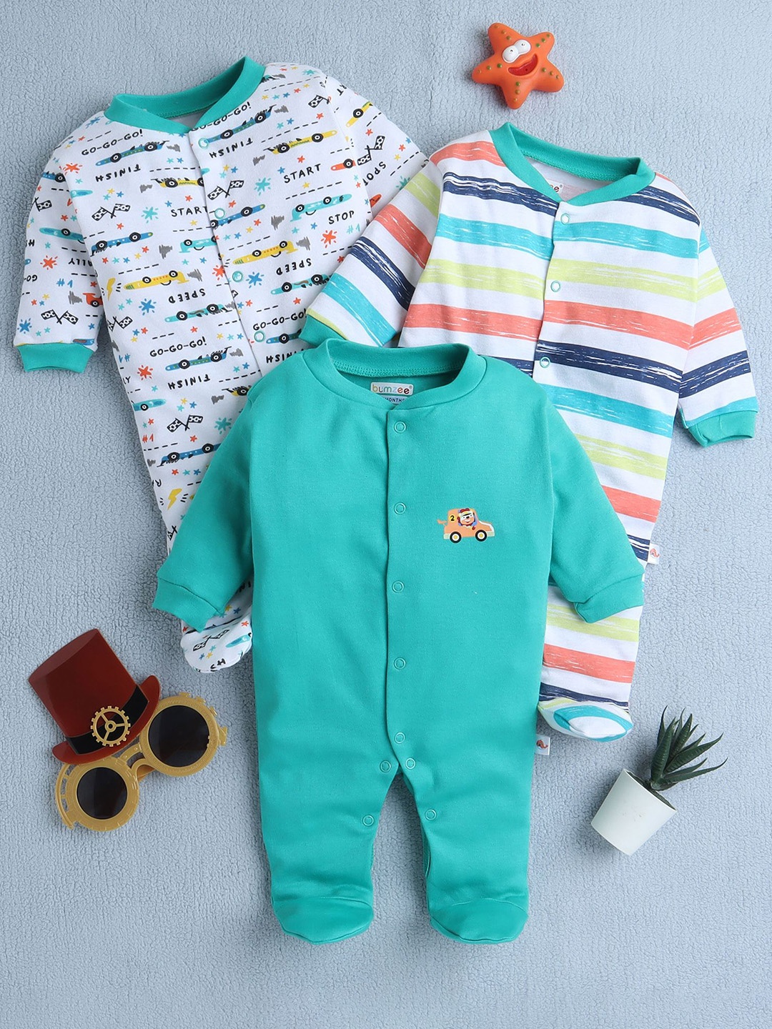 

BUMZEE Boys Pack of 3 Cotton Printed Sleepsuit, Green