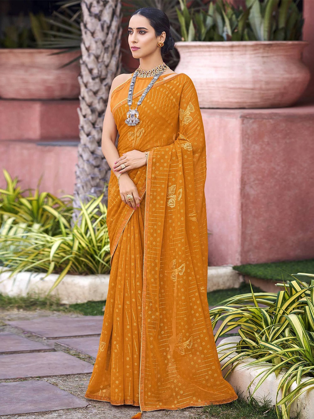 

MAHALASA Ethnic Motifs Embellished Designer Patola Saree, Mustard