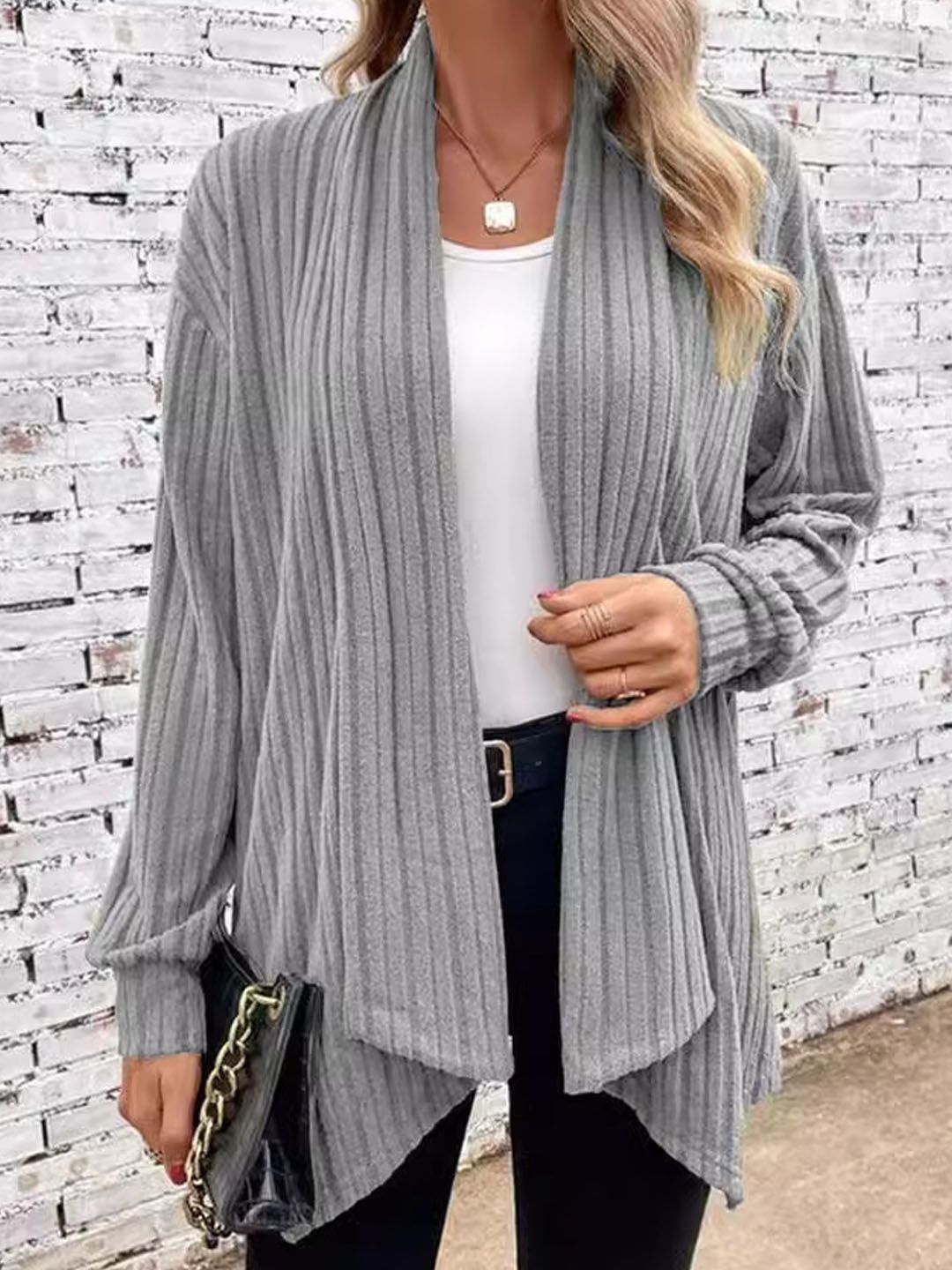 

StyleCast Striped Open Front Longline Shrug, Grey