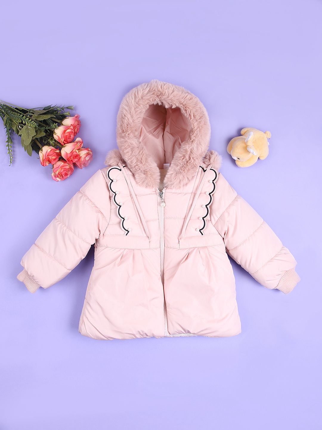 

V-Mart Girls Hooded Solid Cotton Casual Parka Jacket, Peach