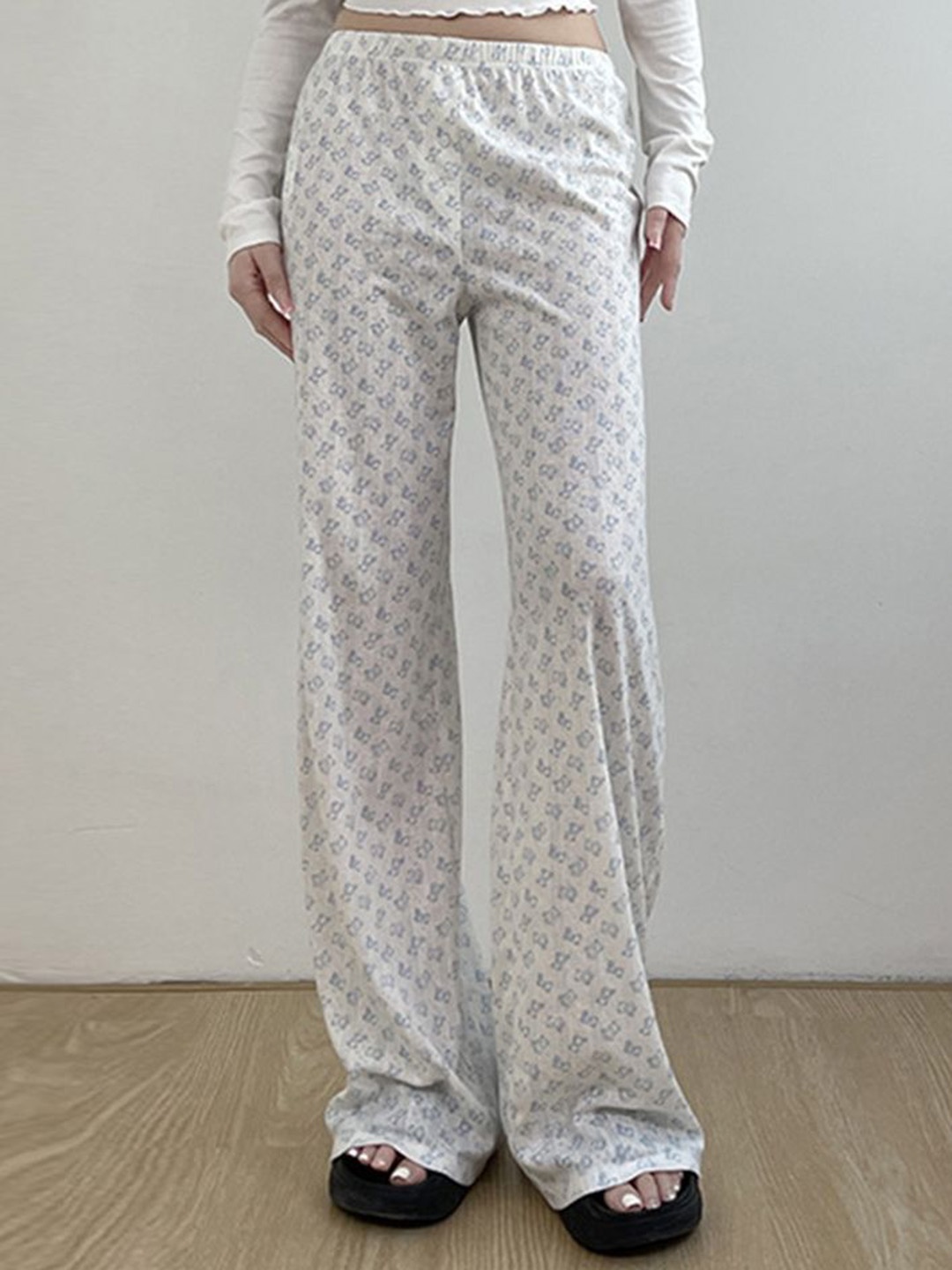 

LULU & SKY Women Floral Mid-Rise Printed Flared Wide Leg Trousers, White