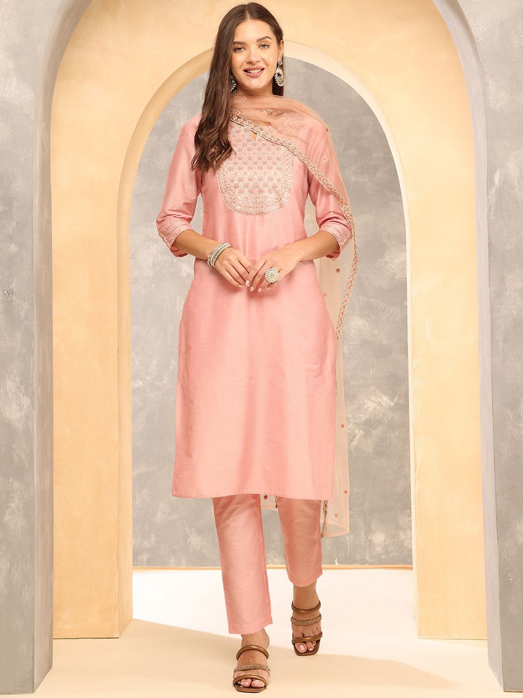 

Anouk Peach-Coloured Floral Embroidered Sequinned Straight Kurta With Trousers & Dupatta