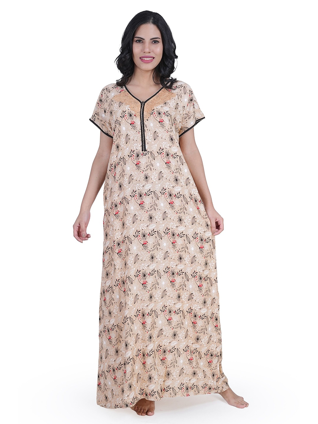 

Noty Women Floral Printed V Neck Maxi Nightdress, Peach