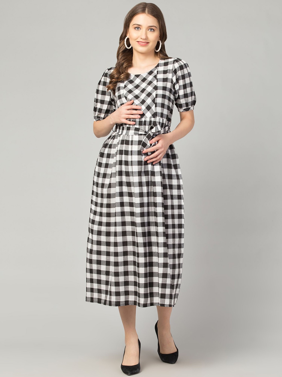 

Zuvino Women Cotton Checked Puff Sleeve Maternity Fit & Flare Midi Dress, Black