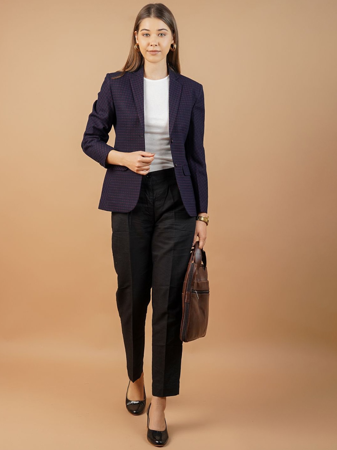 

INDOPHILIA Checked Notched Lapel Collar Pure Cotton Single-Breasted Blazer, Blue