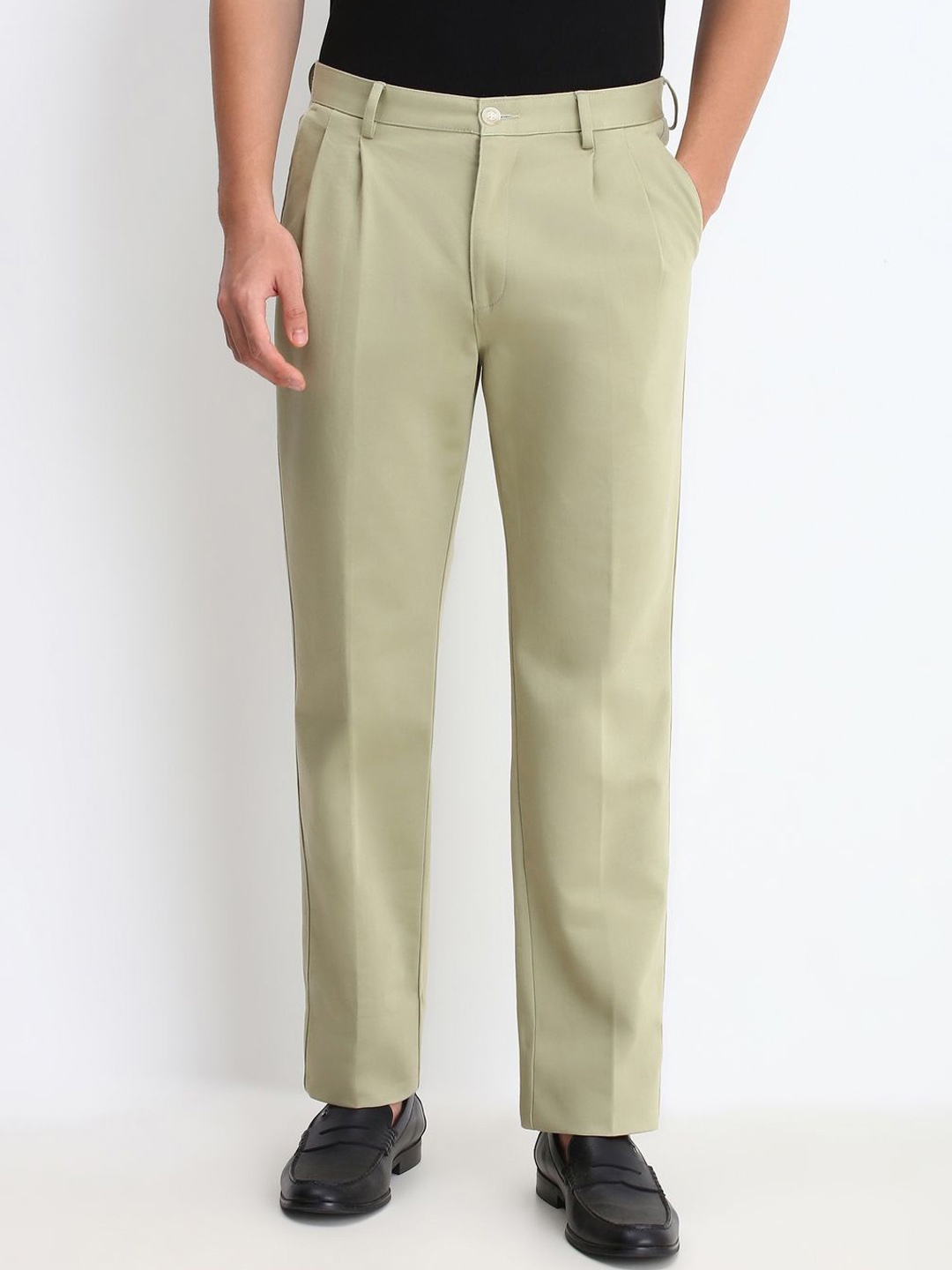 

Allen Solly Men Cotton Solid Mid-Rise Slim Fit Formal Trousers, Olive