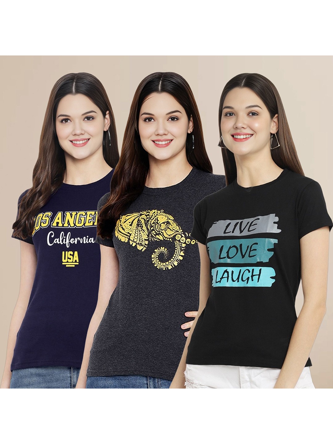 

Metronaut Women Pack Of 3 Typography Printed Round Neck Cotton T-shirts, Navy blue