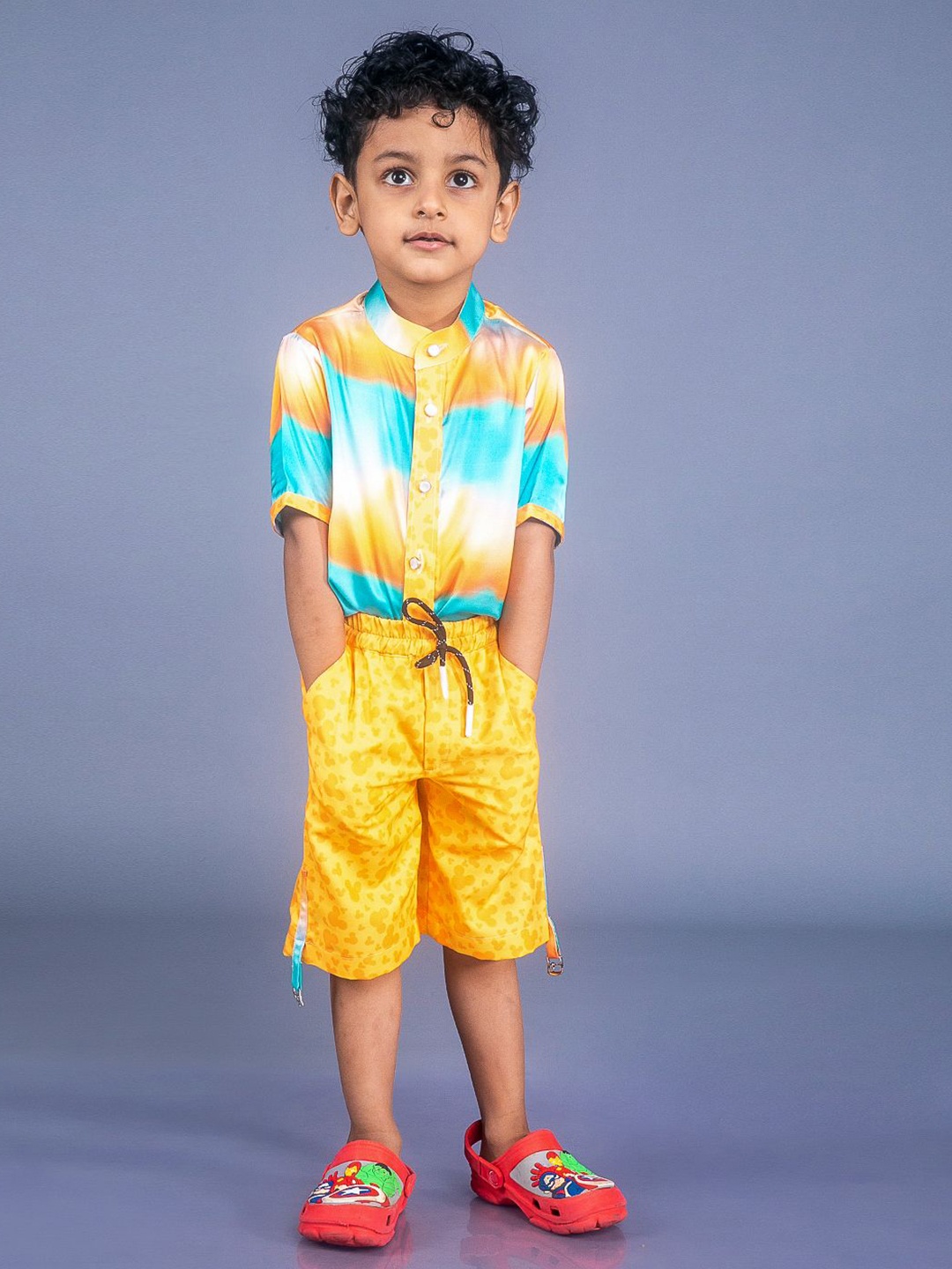 

BAYA COUTURE Boys Printed Pure Cotton Shirt with Shorts, Green
