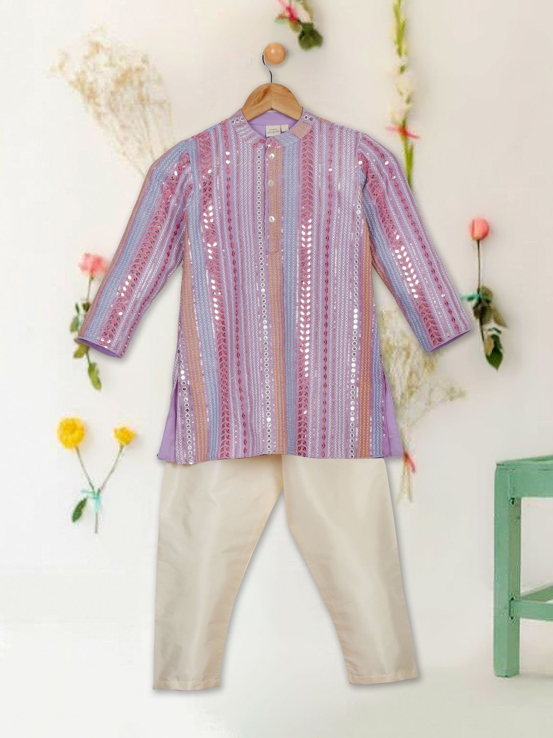 

SAKA DESIGNS Boys Striped Embroidered Sequinned Kurta with Pyjama, Blue