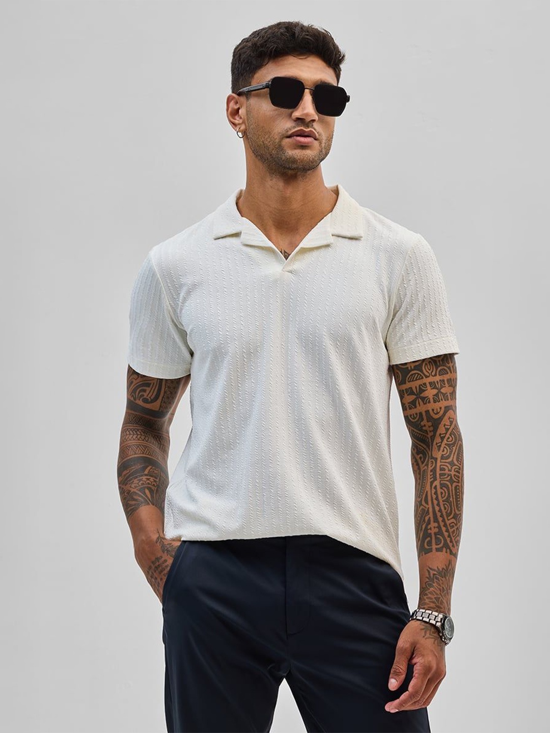 

Snitch Men Self Design Polo Collar Slim Fit T-shirt, White