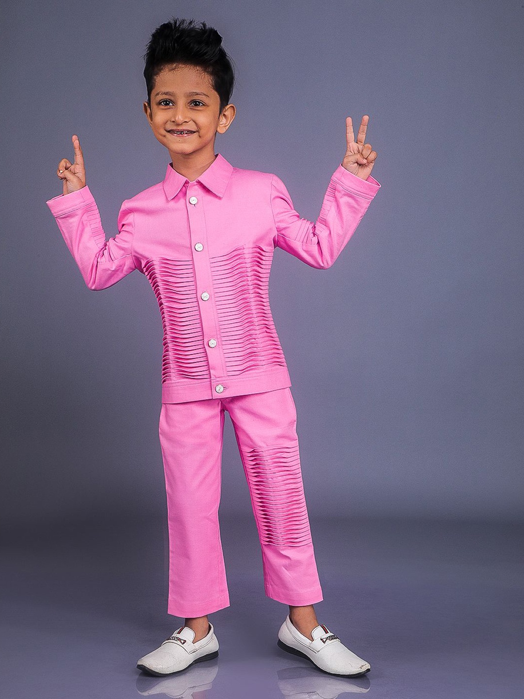 

BAYA COUTURE Boys Embellished Pure Cotton Party Shirt with Trousers, Pink