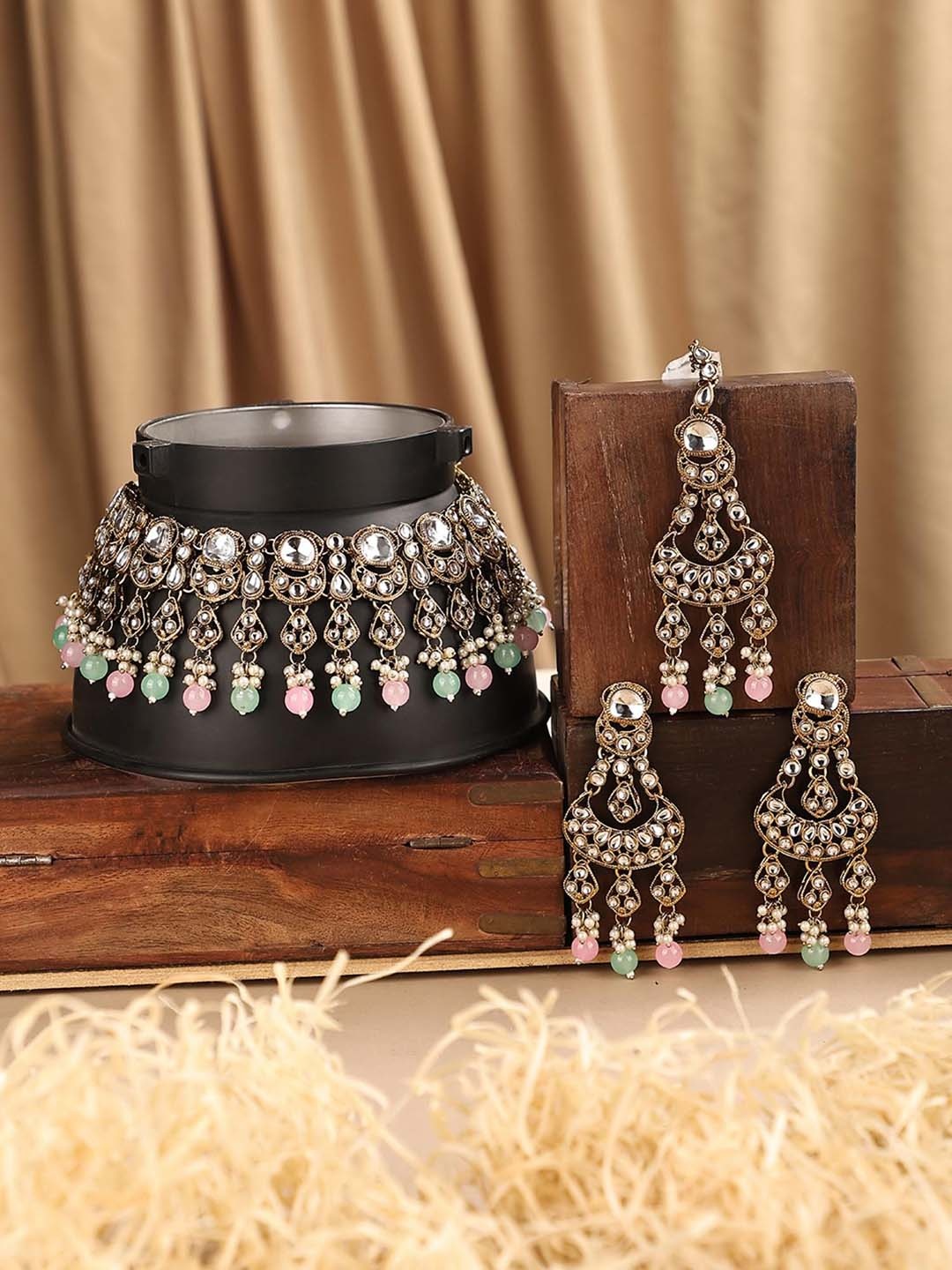 

Anouk Gold-Plated CZ Studded & Beaded Necklace and Earrings With Maang Tika