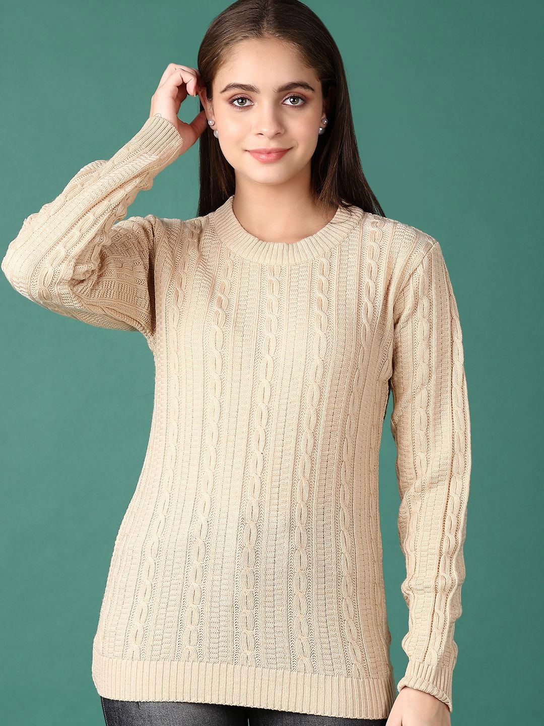 

V-Mart Women Round Neck Long Sleeves Cable Knit Pullover, Beige