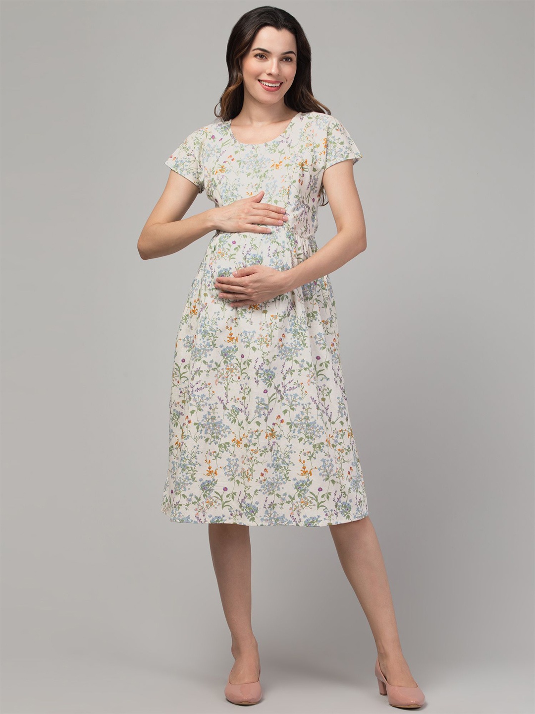 

Zuvino Women Floral Printed Round Neck Maternity A-line Dress, Off white
