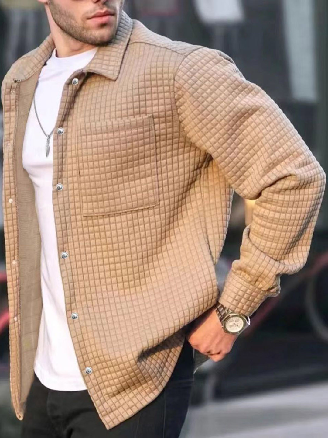 

StyleCast x Revolte Men Spread Collar Self Design Casual Tailored Jacket, Beige