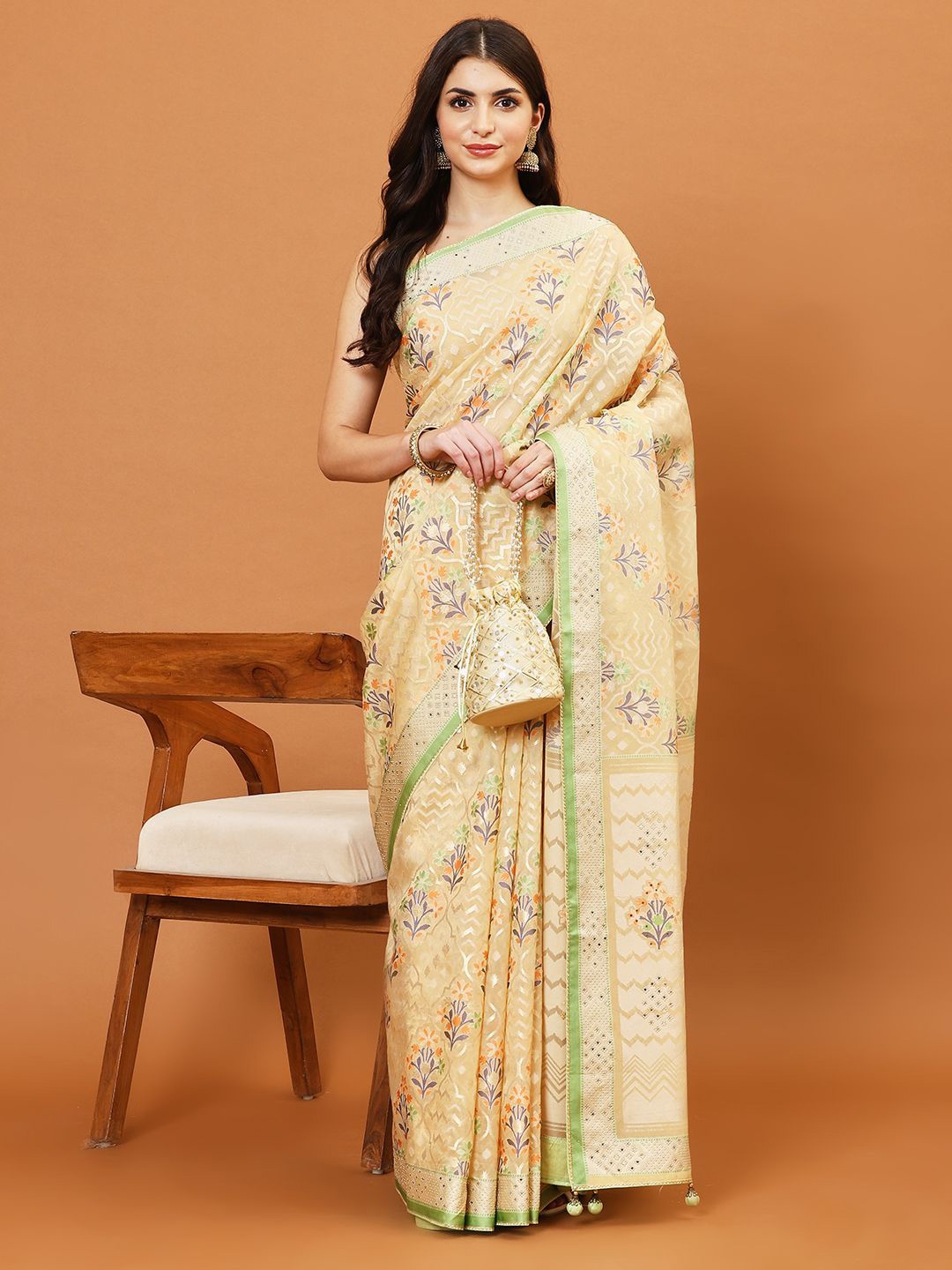 

Meena Bazaar Floral Printed Organza Saree, Cream