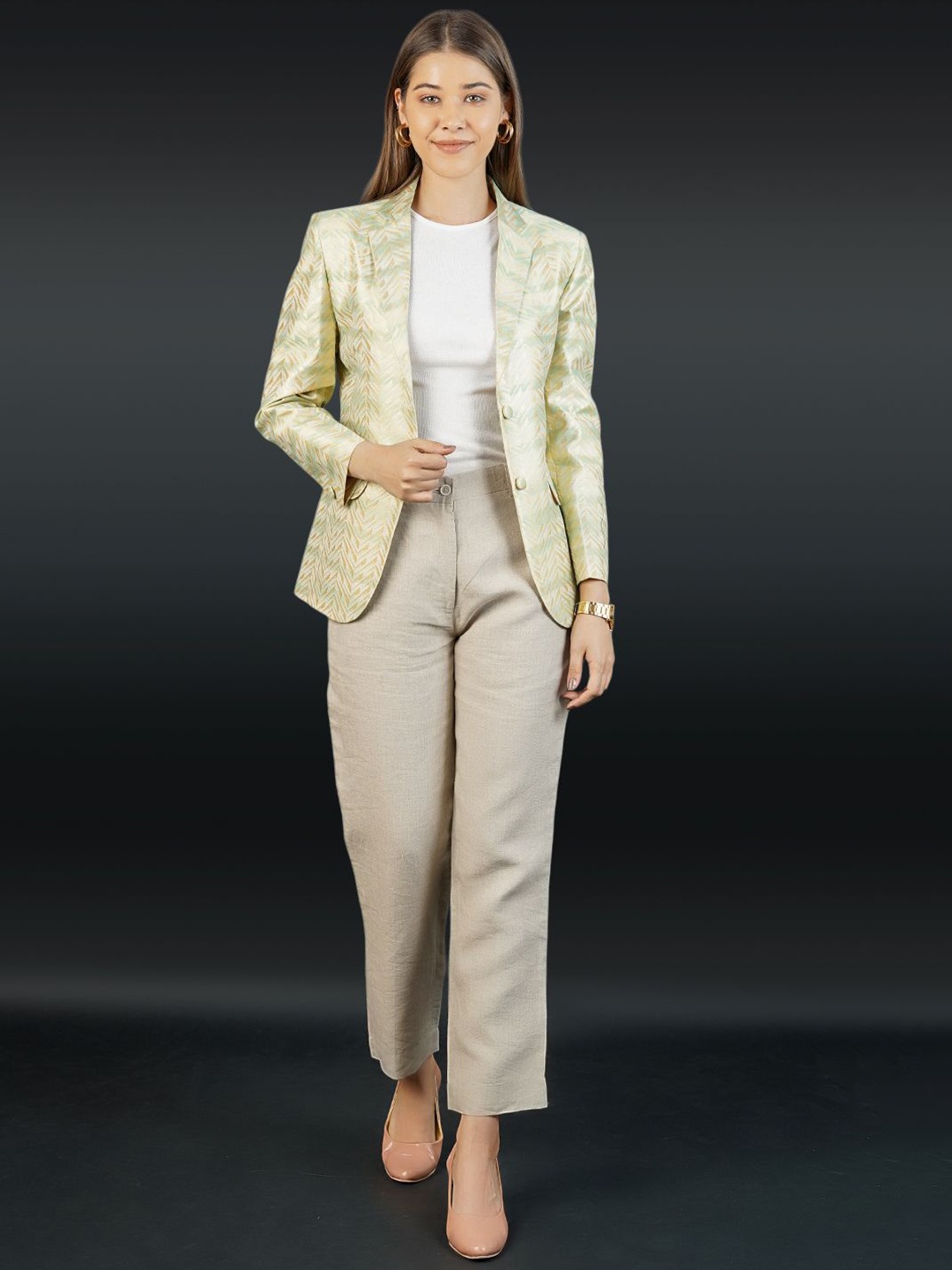 

INDOPHILIA Self-Design Notched Lapel Collar Single Breasted Blazer, Green