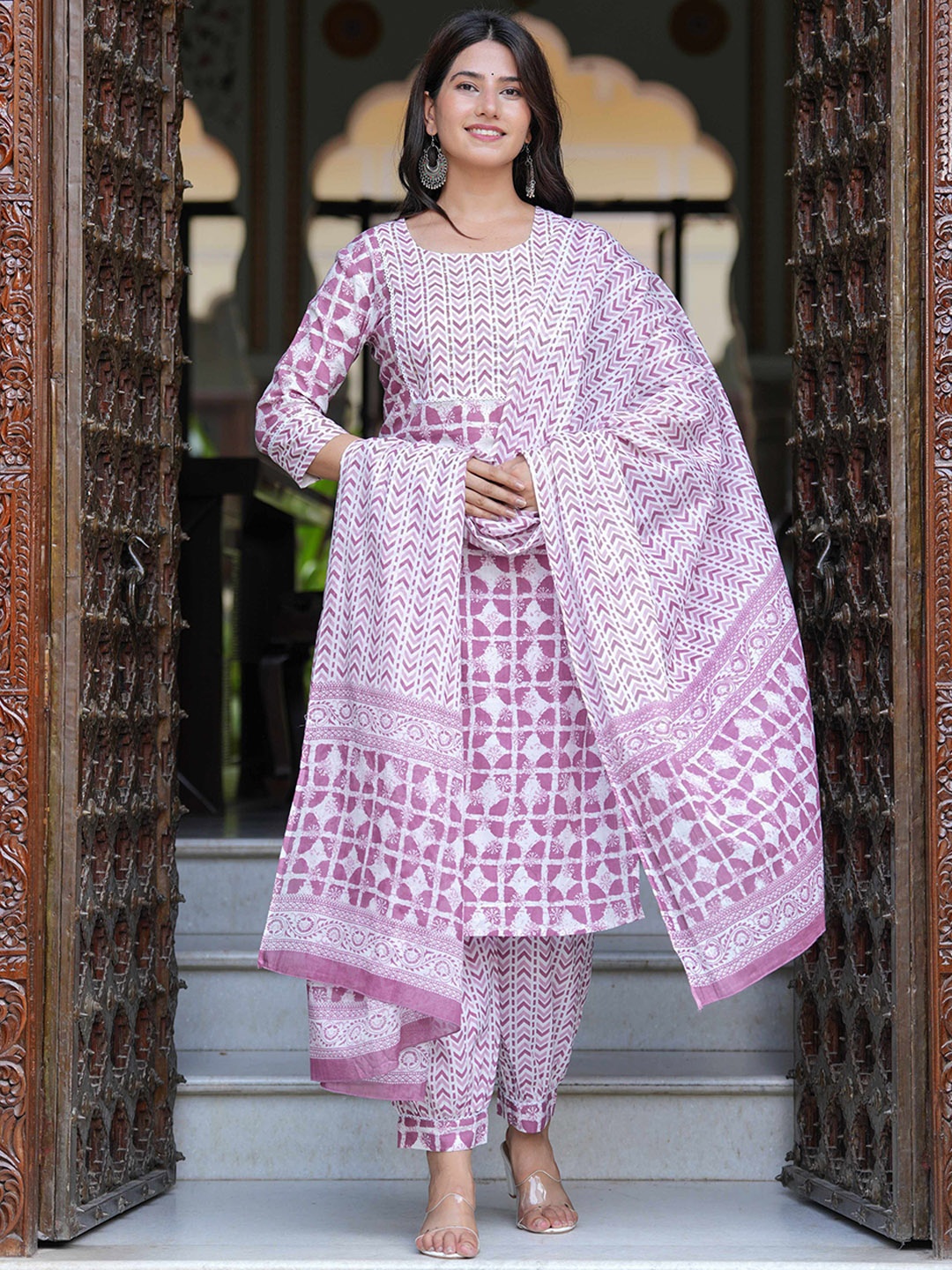 

KALINI Geometric Printed Pure Cotton Straight Kurta with Salwar & Dupatta, Pink