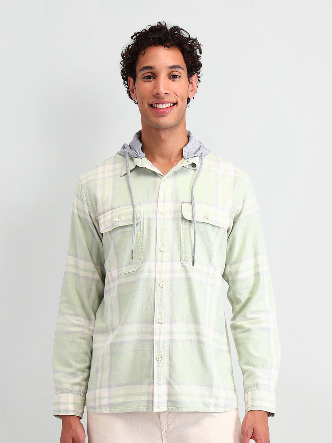 

U.S. Polo Assn. Denim Co. Men Hood Tartan Checked Cotton Slim Fit Casual Shirt, Green