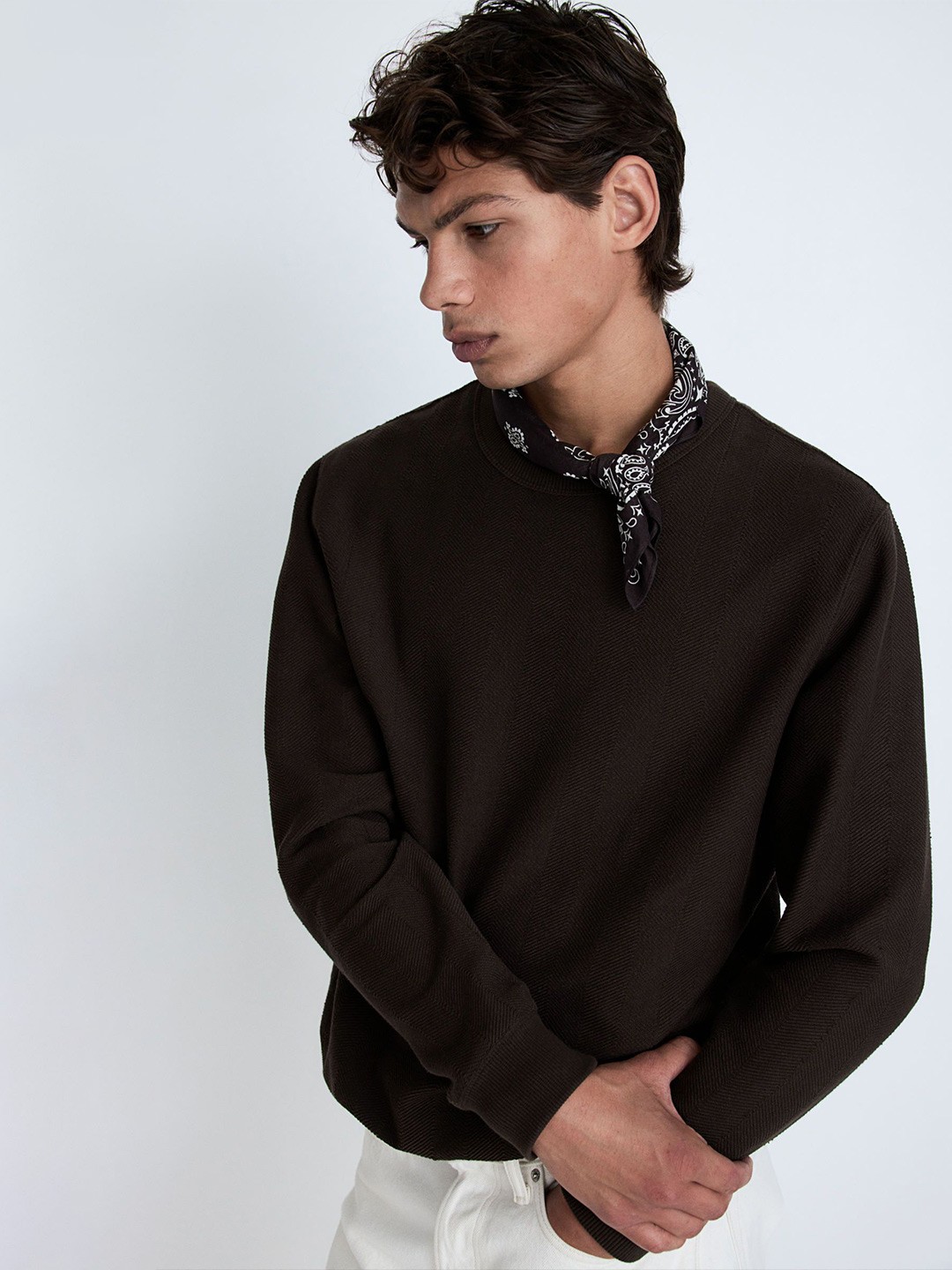 

H&M Men Herringbone-Patterned Sweatshirt, Brown