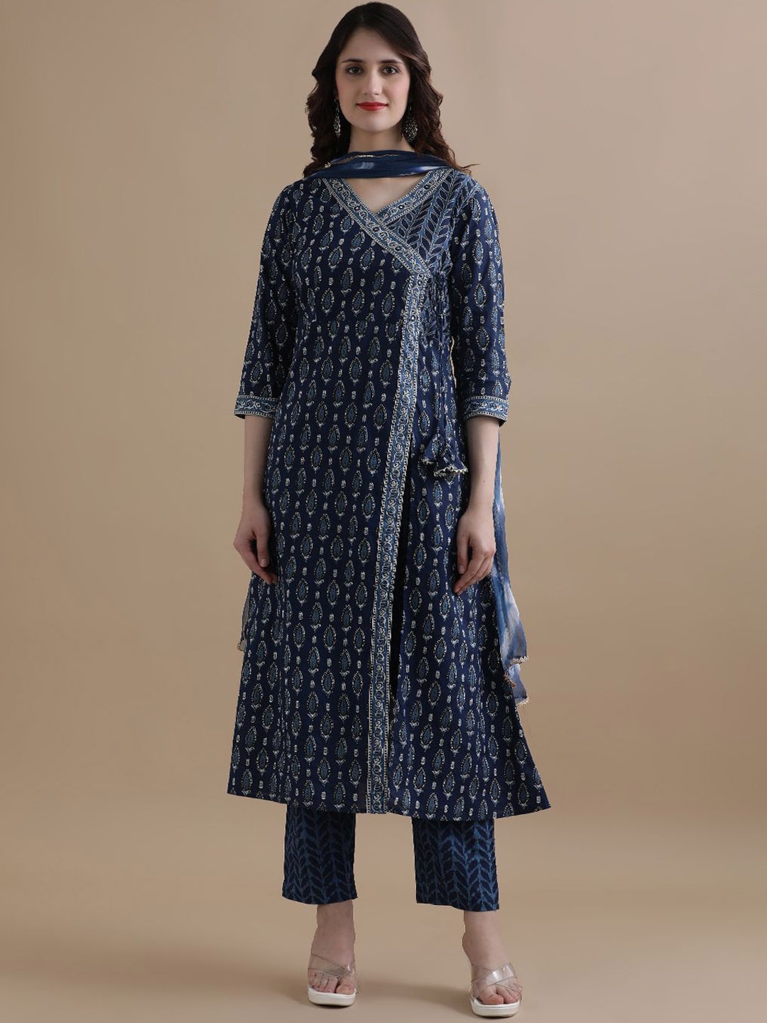 

Jaipur Kurti Floral Printed Angrakha Mirror Work Pure Cotton Kurta With Trouser & Dupatta, Navy blue