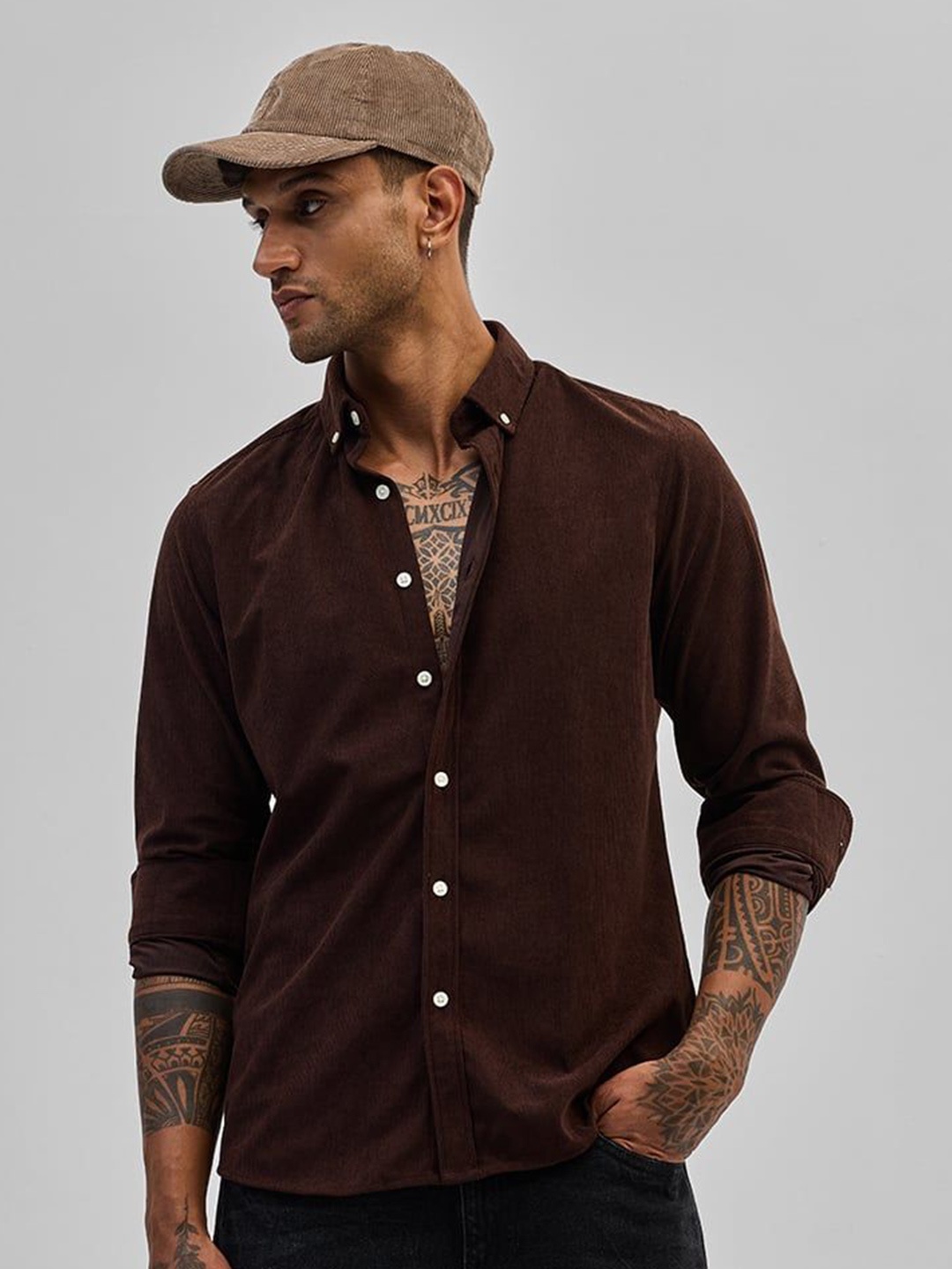 

Snitch Men Smart Button-Down Collar Textured Casual Shirt, Brown