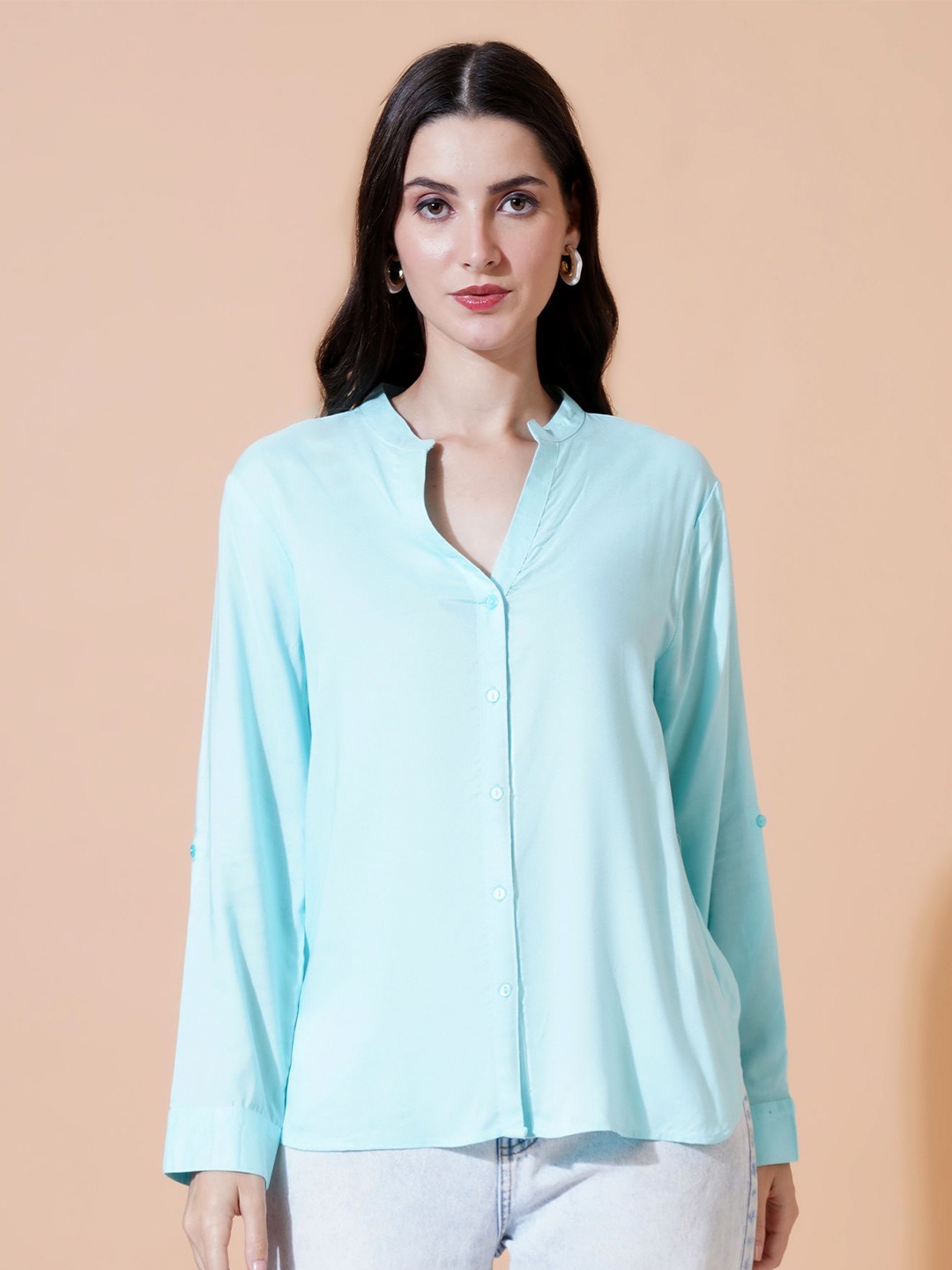 

Mast & Harbour Women Relaxed Mandarin Collar Solid Cotton Oversized Casual Shirt, Blue