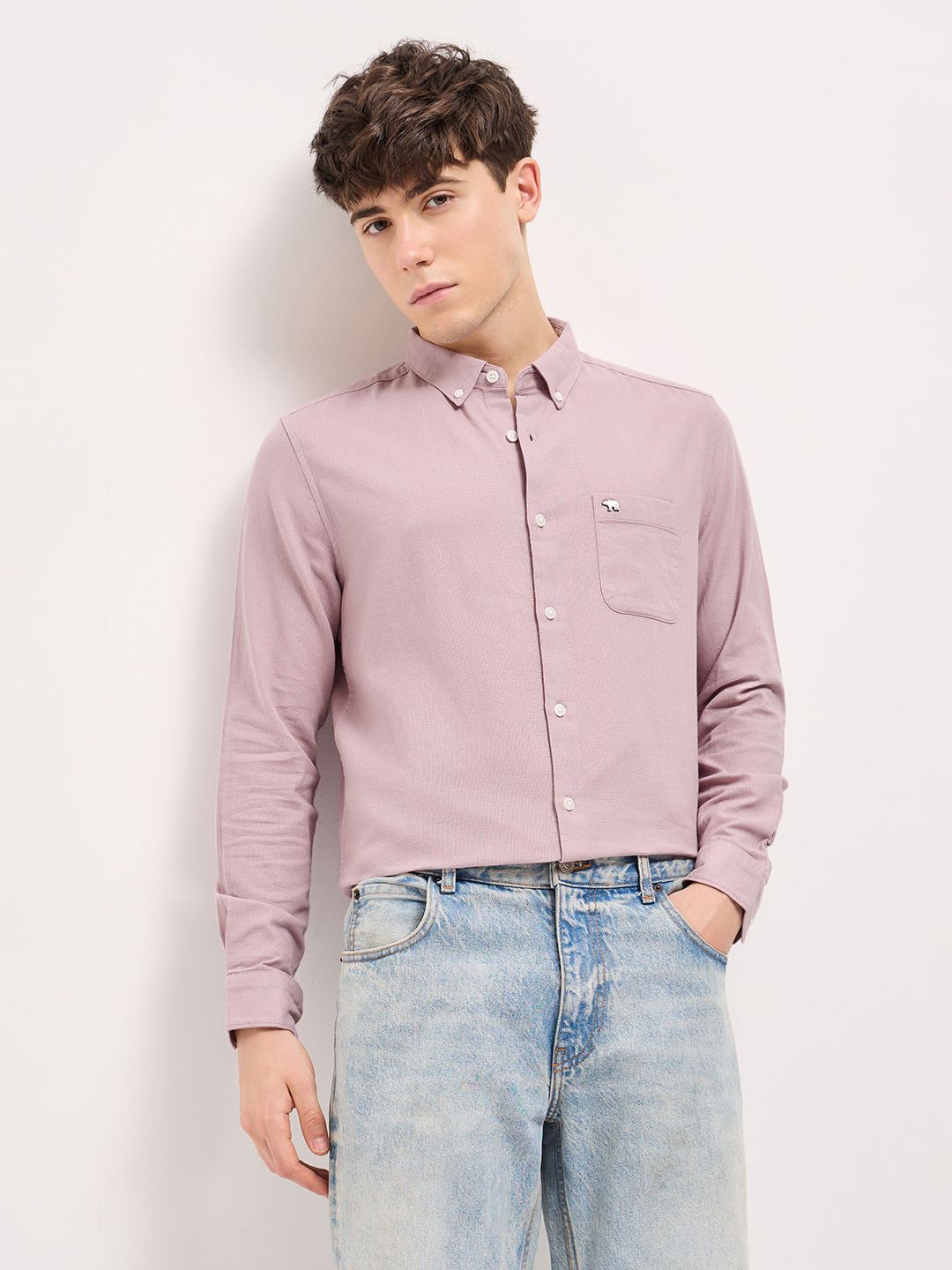 

THE BEAR HOUSE Men Button-Down Collar Solid Slim Fit Cotton Shirt, Mauve