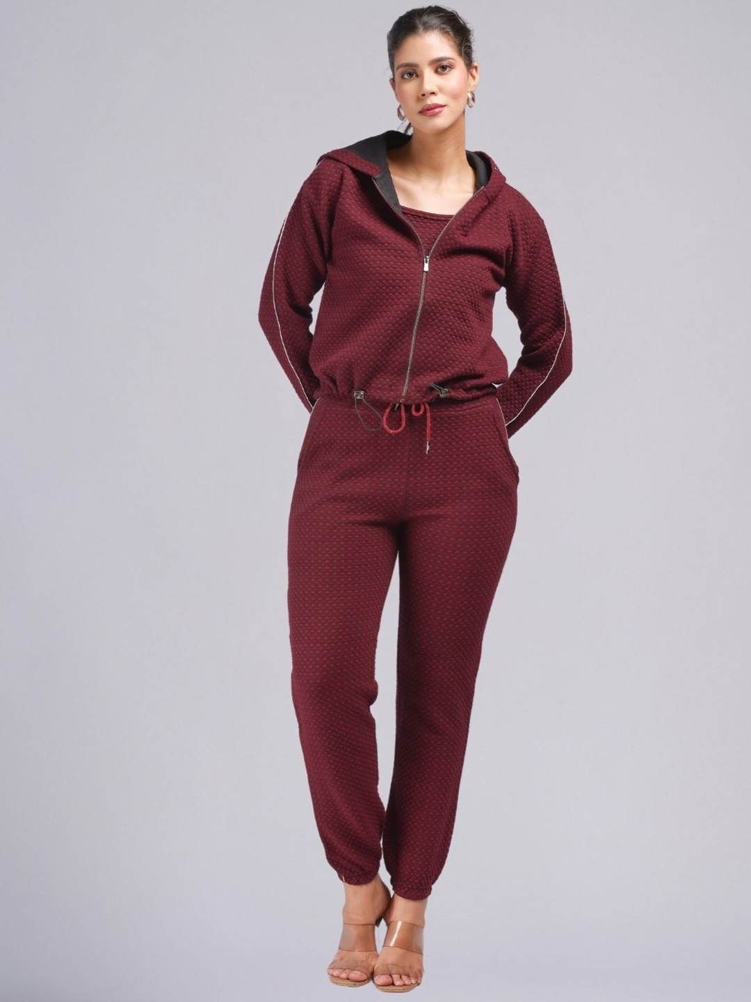 

PUREMIST Self Design Hooded Long Sleeve Jacket With Jogger With Top, Burgundy
