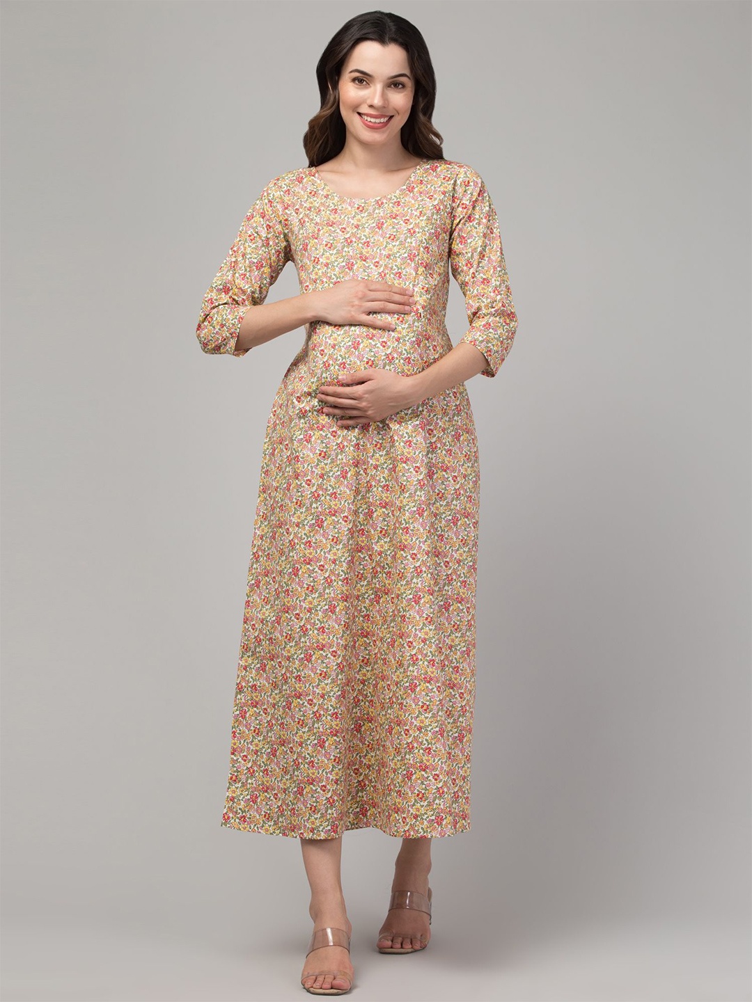

Zuvino Women Floral Printed Cotton Maternity A-Line Midi Dress, Yellow