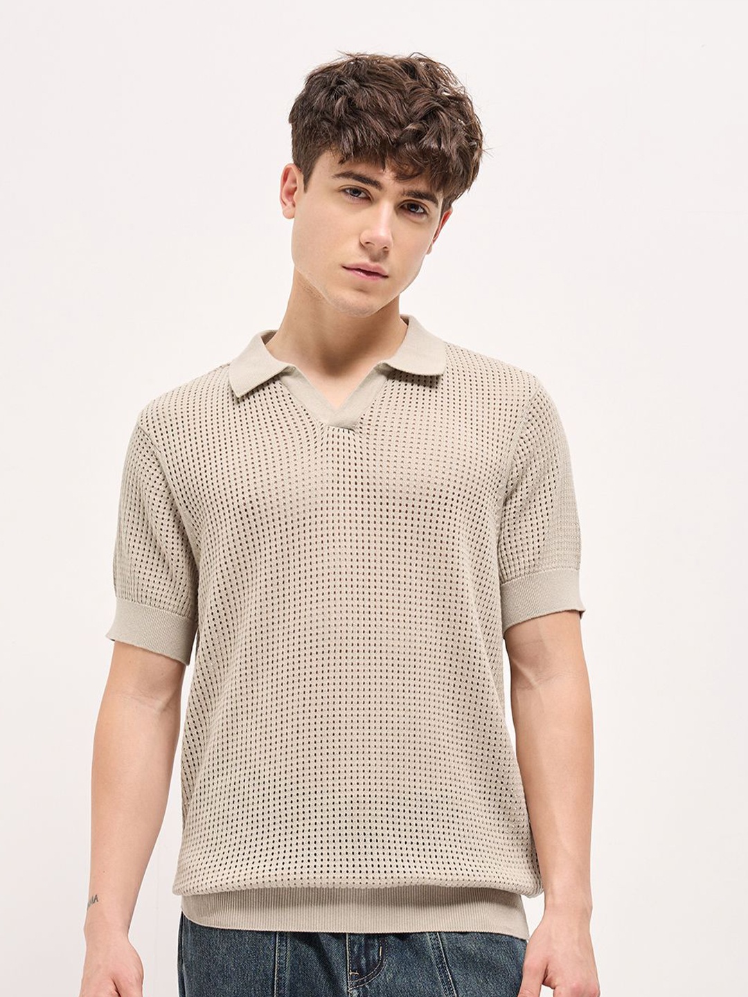 

THE BEAR HOUSE Men Self Design Polo Collar Cotton T-shirt, Beige