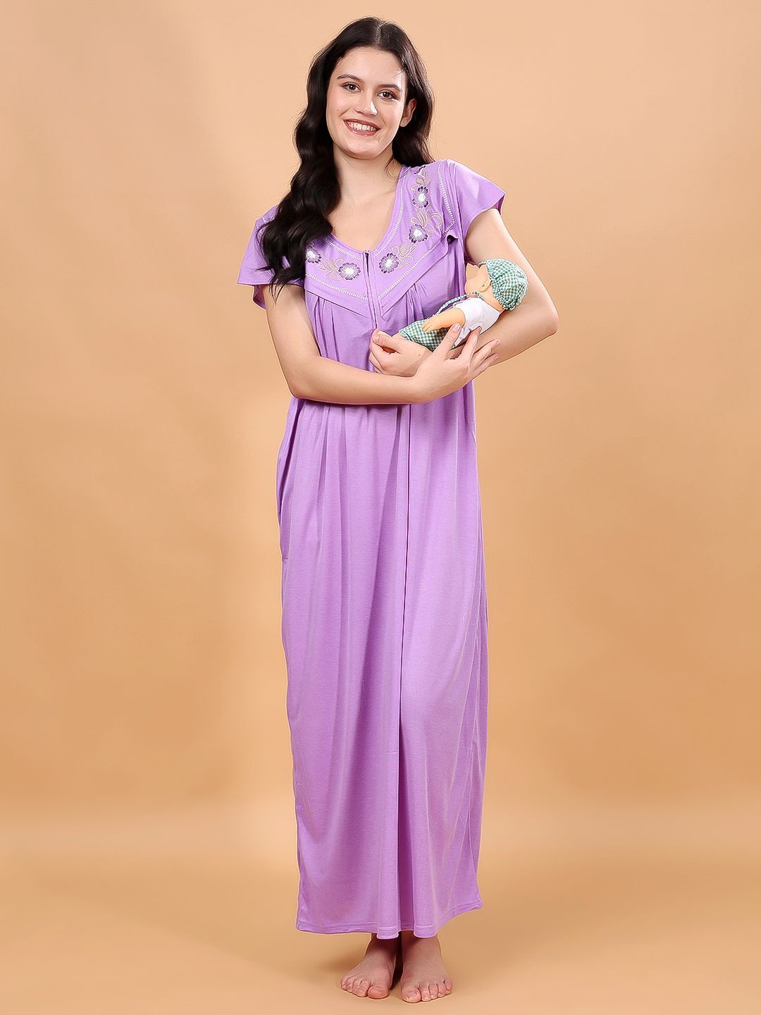 

NIGHT KEYS Women Solid Maxi Nightdress, Lavender