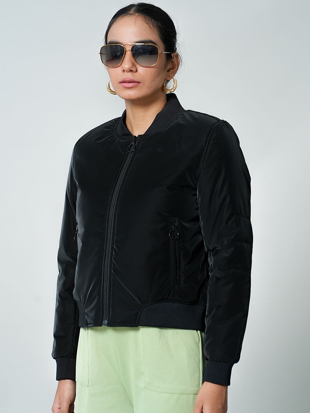 

Fort Collins Women Stand Collar Solid Casual Bomber Jacket, Black
