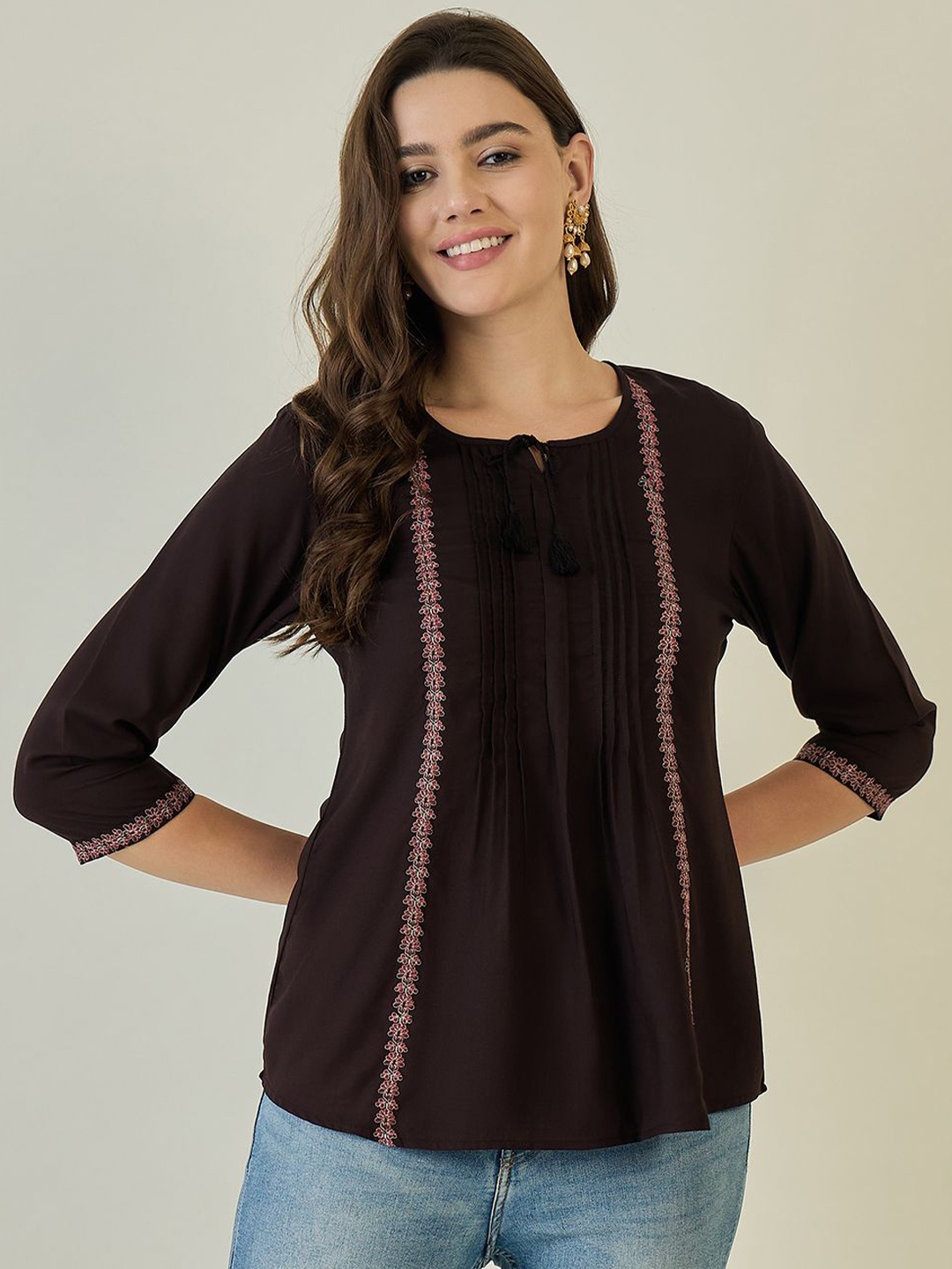 

Anouk Women Round Neck Three-Quarter Sleeves Top, Coffee brown