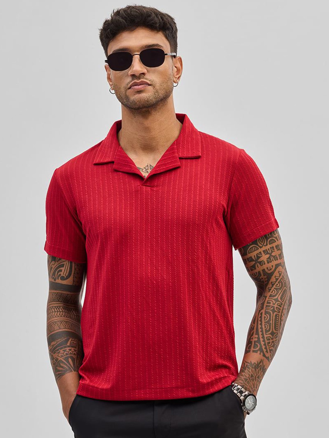 

Snitch Men Self Design Polo Collar Slim Fit T-shirt, Red