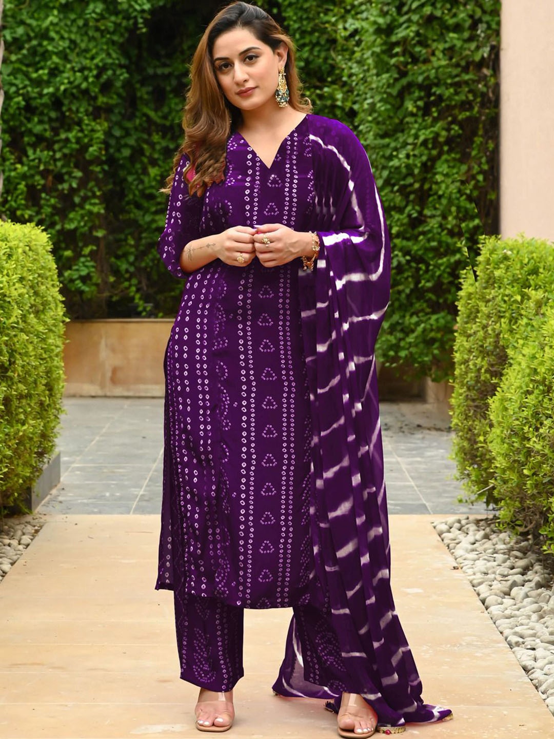 

KALINI Bandhani Printed Straight Kurta with Palazzos & Dupatta, Purple