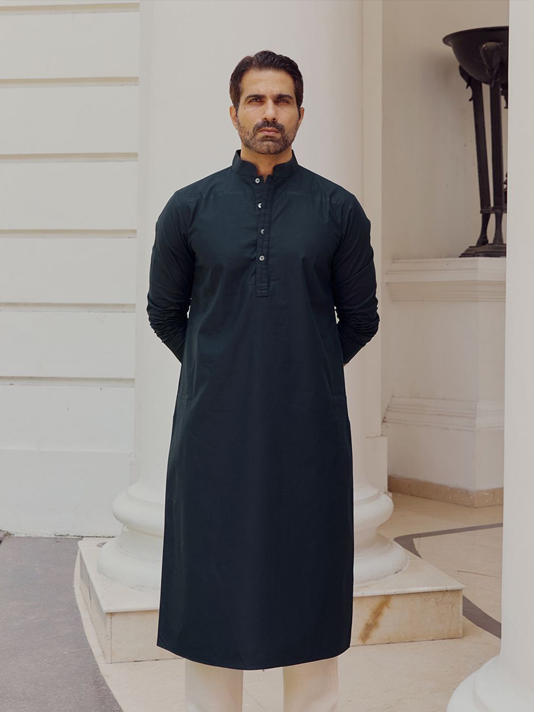 

Andamen Mandarin Collar Cotton Straight Kurta, Navy blue