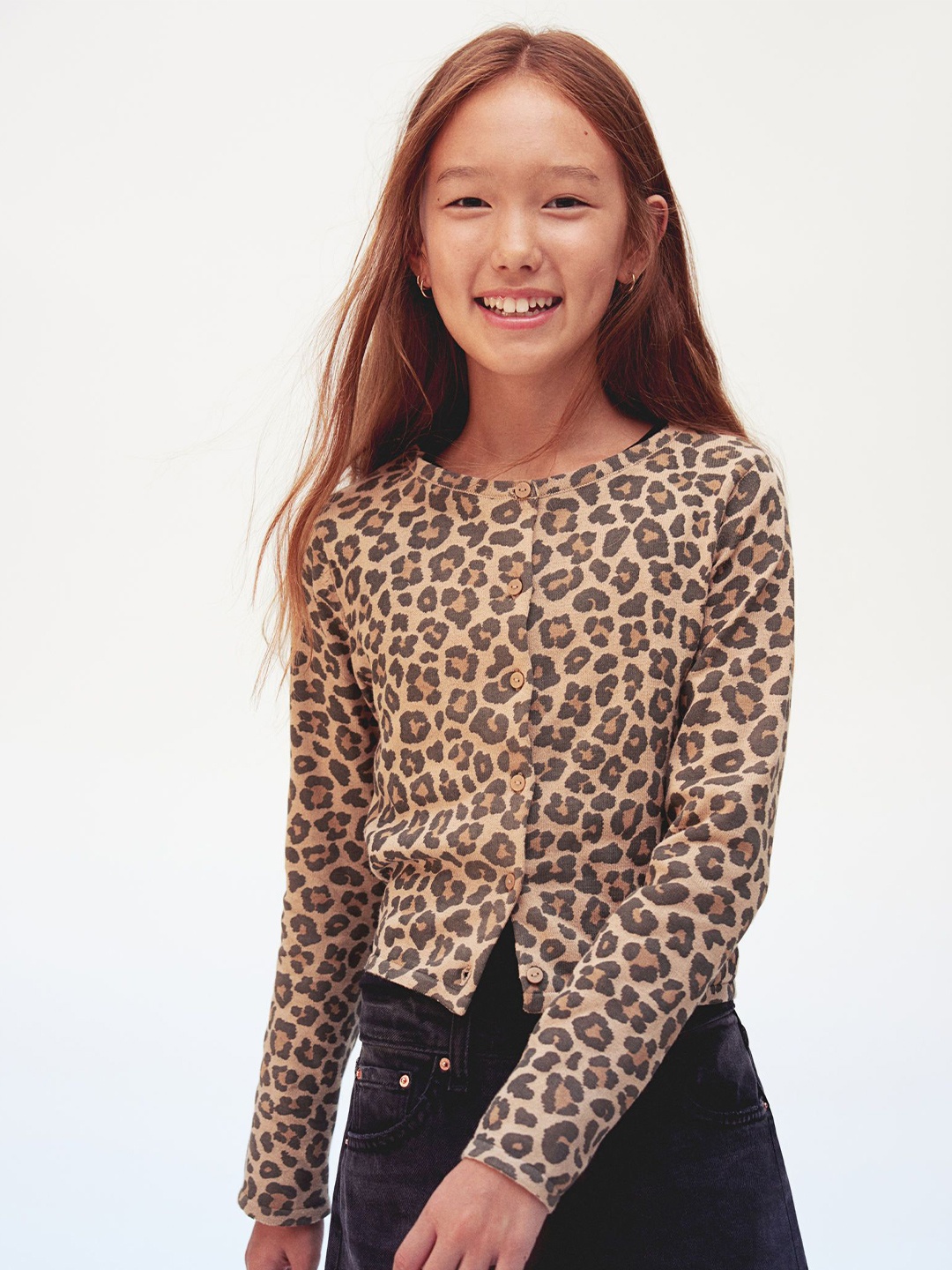 

H&M Girls Cotton Patterned Cardigan, Beige