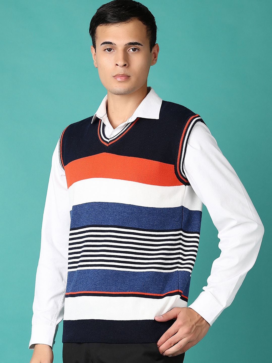 

V-Mart Men V-Neck Striped Pullover, Navy blue