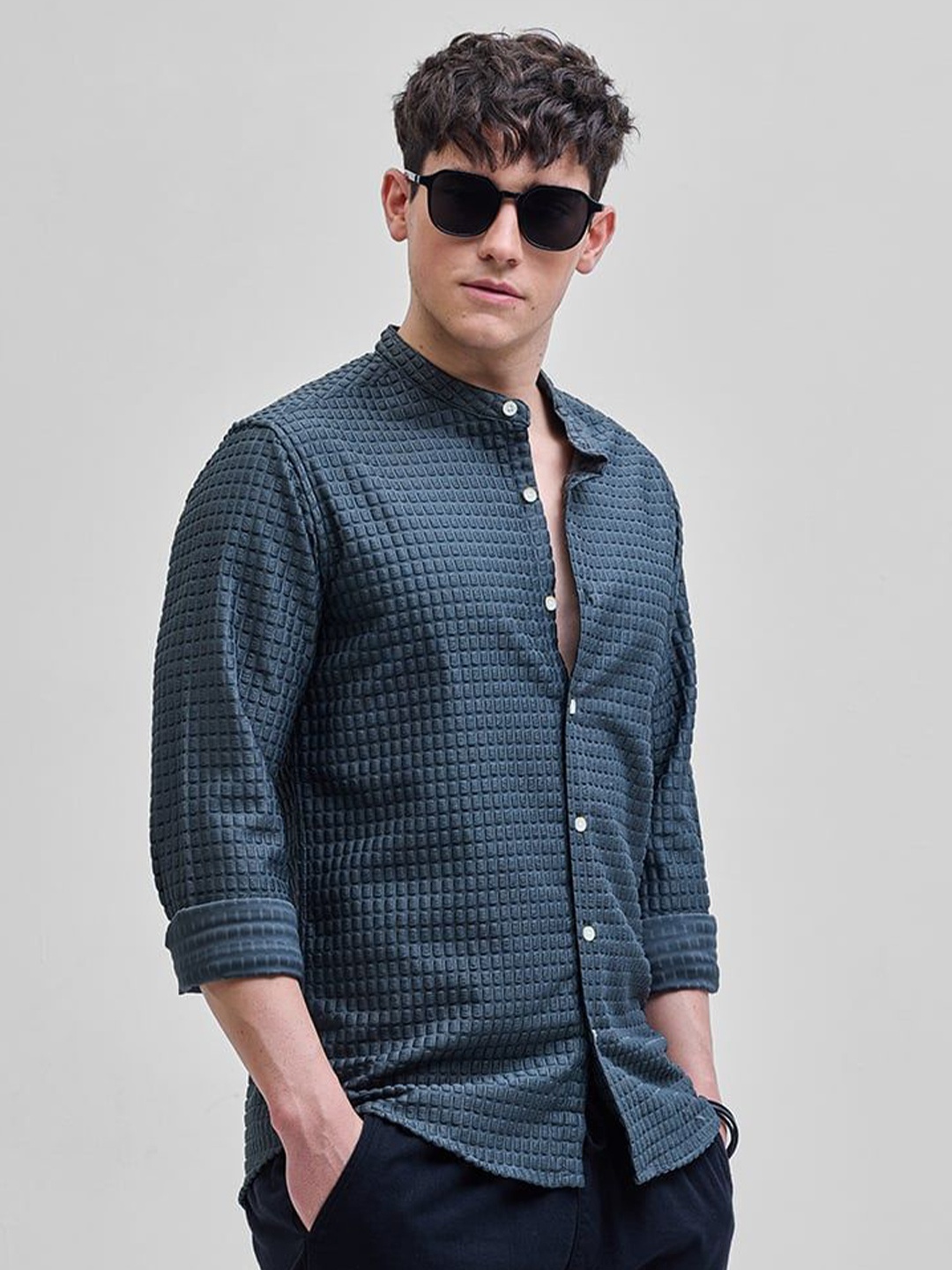 

Snitch Men Smart Band Collar Textured Casual Shirt, Teal