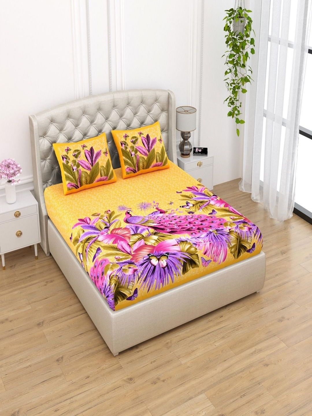 

UNIQCHOICE Yellow Floral 120TC Pure Cotton Queen Bedsheet & 2 Pillow Covers- 2.35m x 2.15m