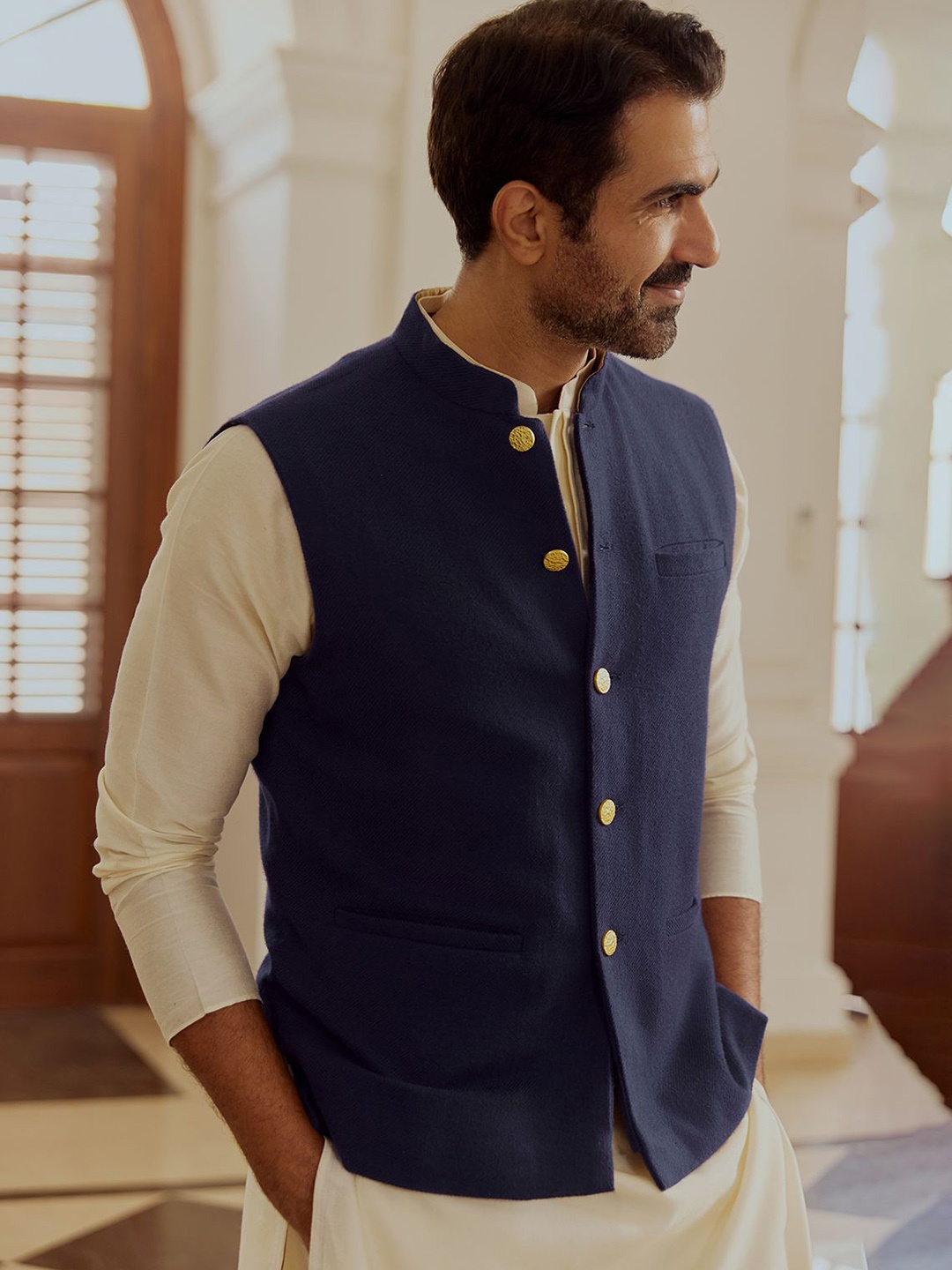 

Andamen Mandarin Collar Sleeveless Nehru Jackets, Navy blue