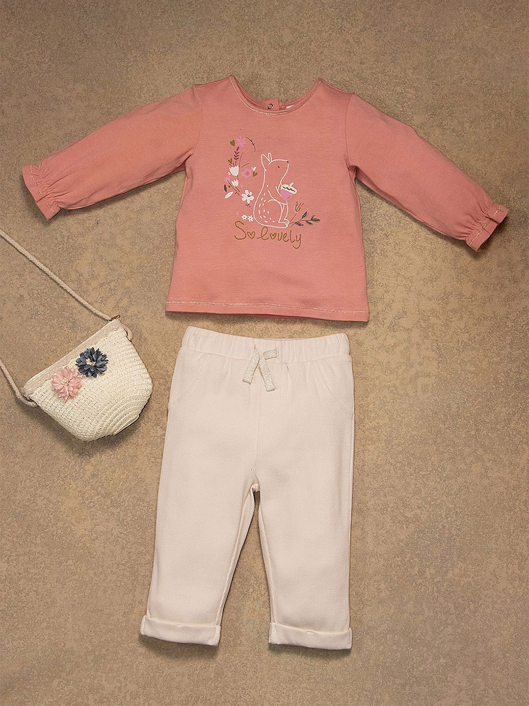

One Friday Girls Printed Pure Cotton Top with Trousers, Pink