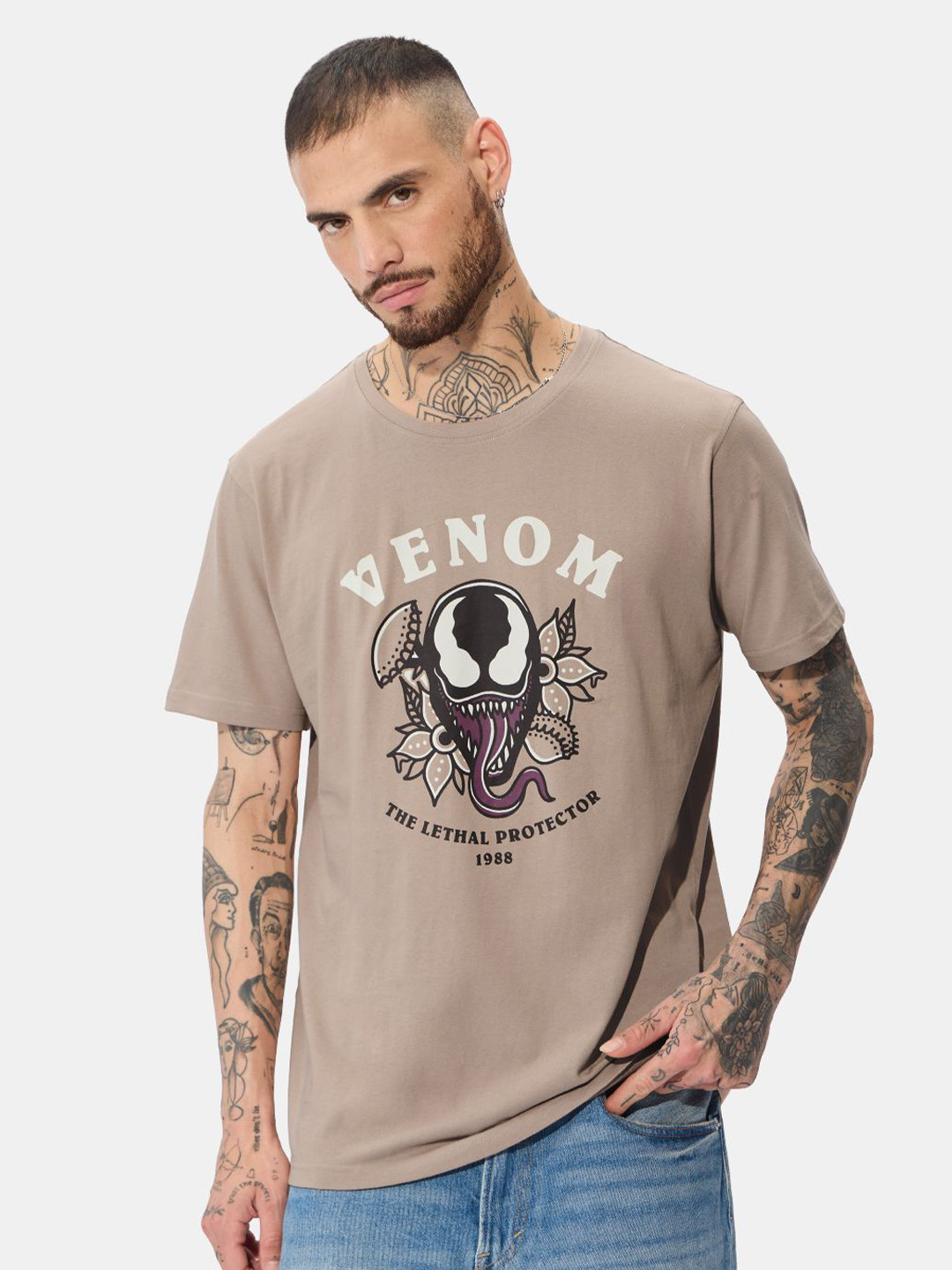 

The Souled Store Men Typography Printed Round Neck Cotton Venom T-shirt, Brown
