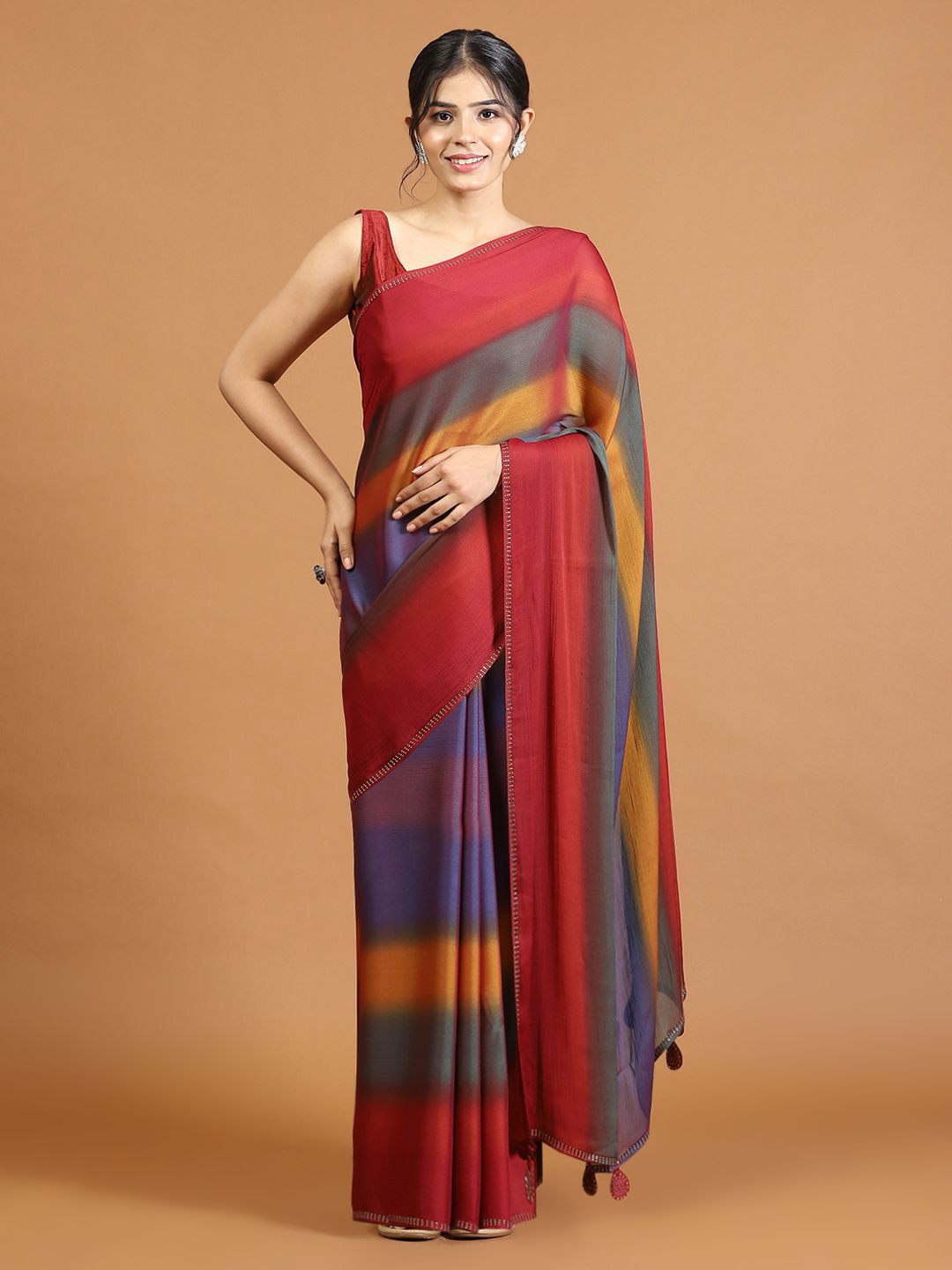 

Meena Bazaar Striped Printed Saree, Red