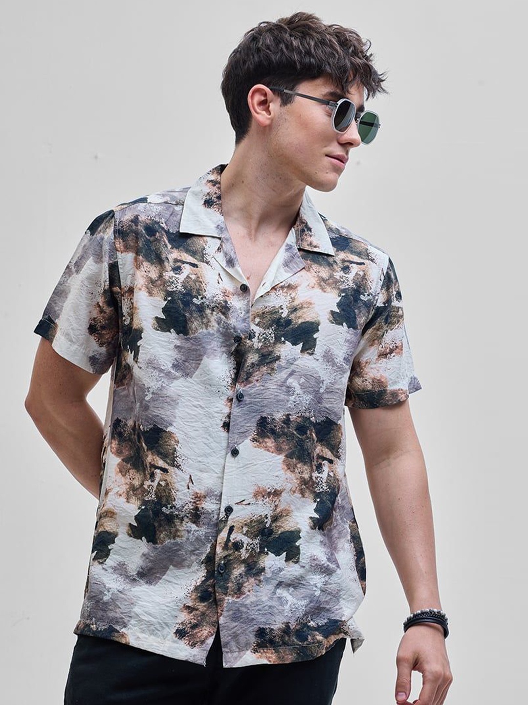 

Snitch Men Smart Cuban Collar Abstract Printed Casual Shirt, Grey