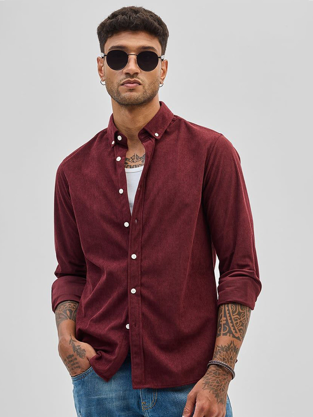 

Snitch Men Smart Button-Down Collar Textured Casual Shirt, Maroon